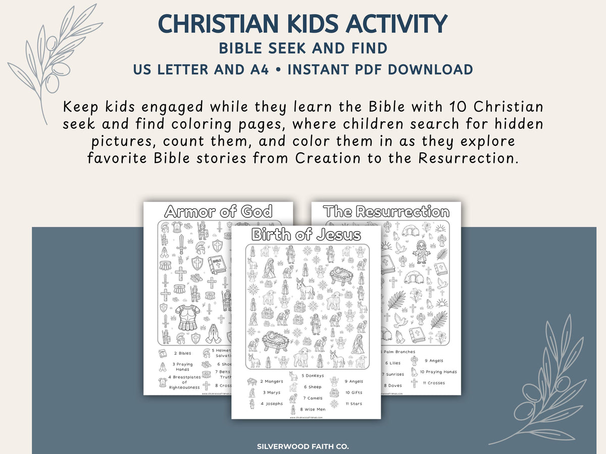 Christian Seek and Find Activity Page Bundle, Kids Christian Coloring Activities, Printable Sunday School Activity Pages (Digital Download)