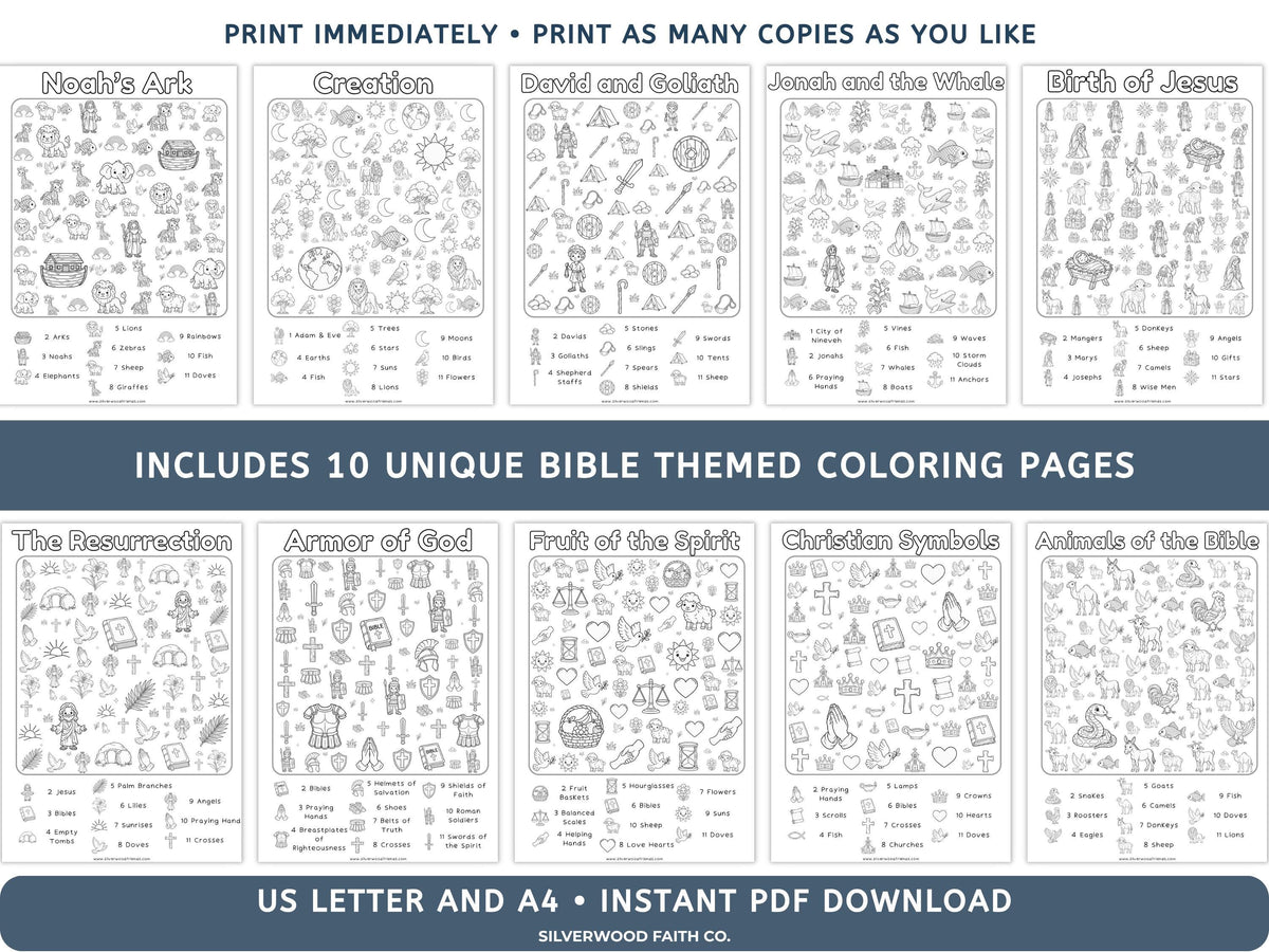 Christian Seek and Find Activity Page Bundle, Kids Christian Coloring Activities, Printable Sunday School Activity Pages (Digital Download)