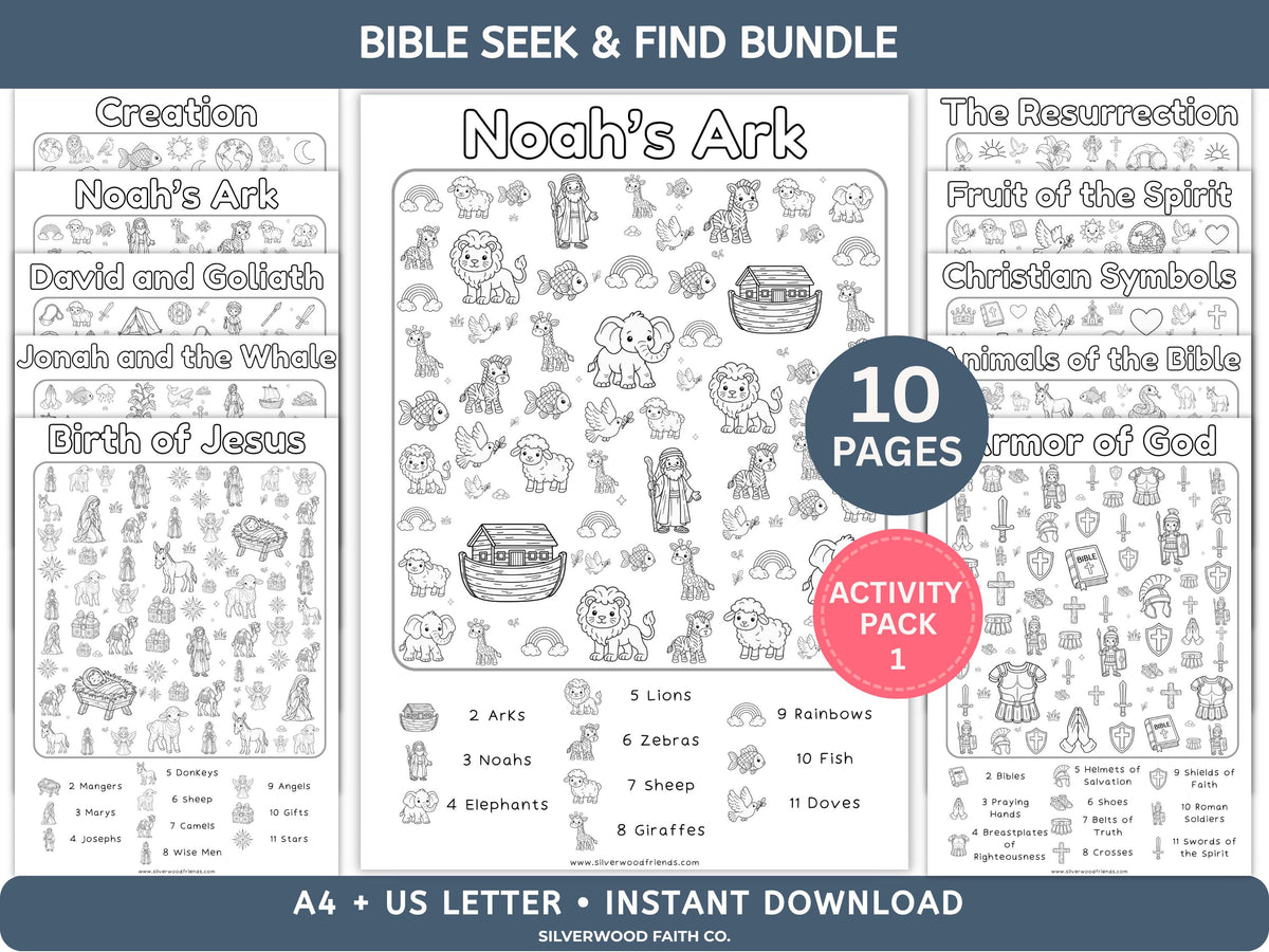 Christian Seek and Find Activity Page Bundle, Kids Christian Coloring Activities, Printable Sunday School Activity Pages (Digital Download)