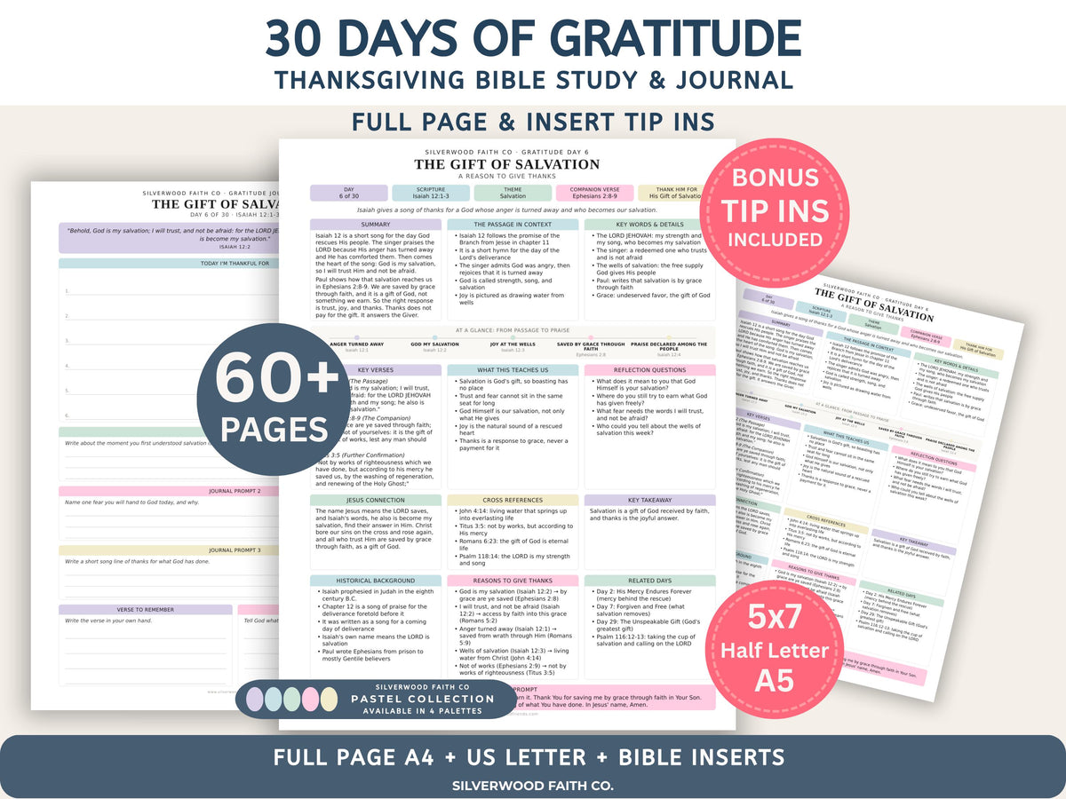Thanksgiving 30 Day Gratitude Bible Study Guide, Bible Study Inserts, Bible Tips Ins, Thanksgiving Bible Verse Printable (Digital Download)