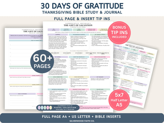 Thanksgiving 30 Day Gratitude Bible Study Guide, Bible Study Inserts, Bible Tips Ins, Thanksgiving Bible Verse Printable (Digital Download)
