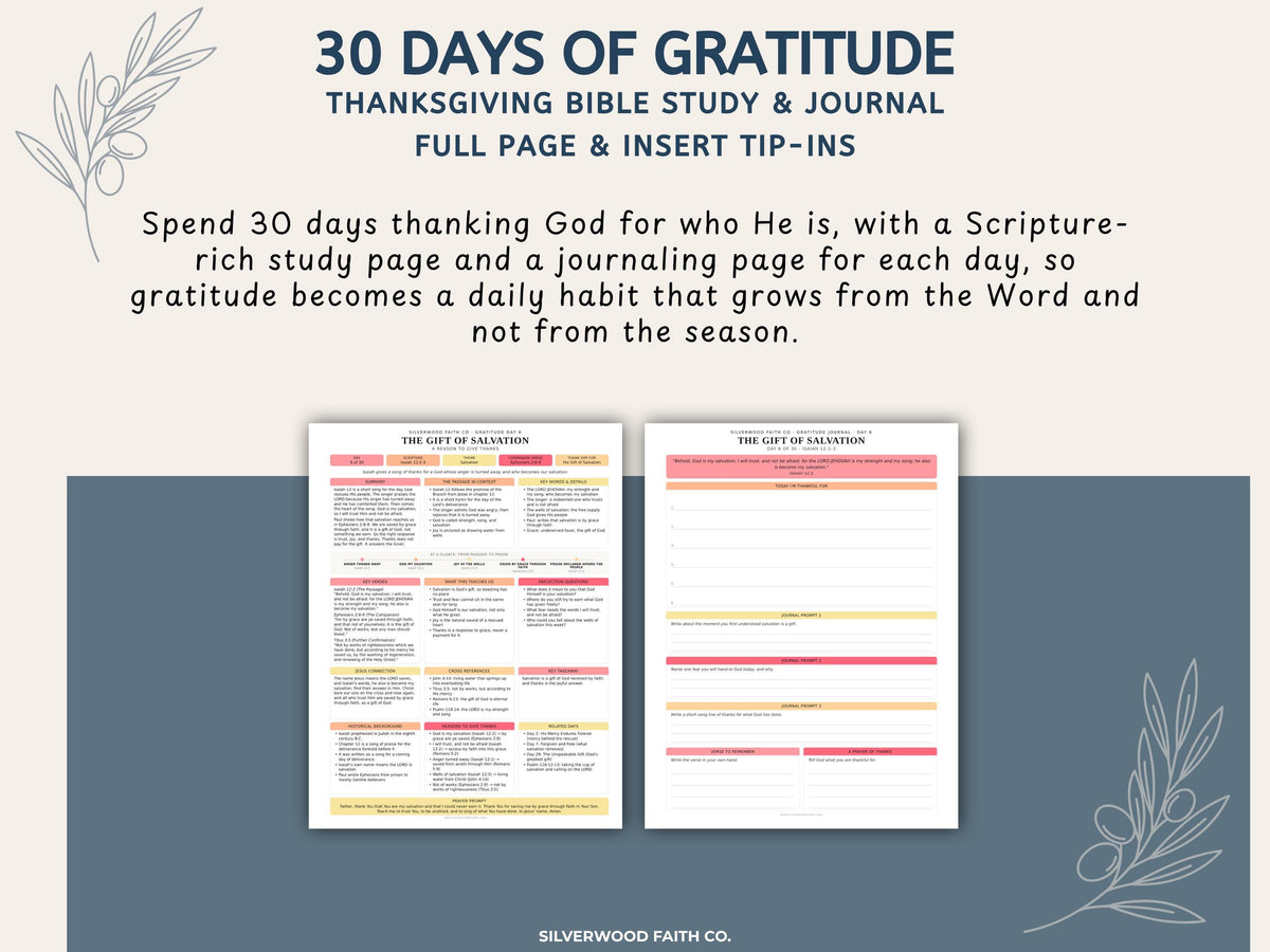 Thanksgiving 30 Day Gratitude Bible Study Guide, Bible Study Inserts, Bible Tips Ins, Thanksgiving Bible Verse Printable (Digital Download)