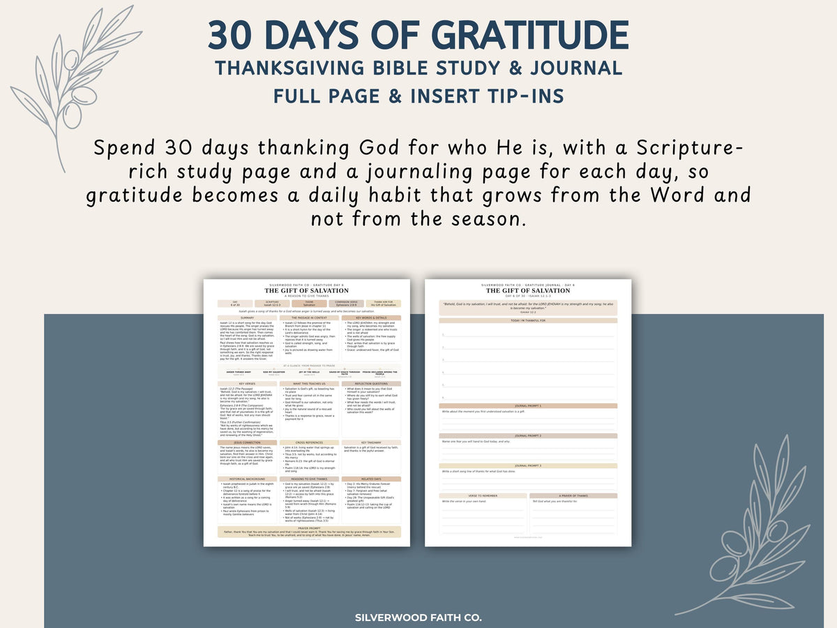Thanksgiving 30 Day Gratitude Bible Study Guide, Neutral Bible Study Inserts, Bible Tips Ins, Thanksgiving Bible Verse (Digital Download)