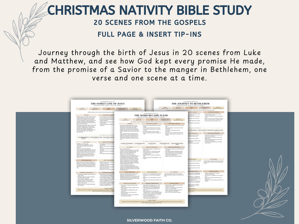 Christmas Nativity Bible Study Guide, Birth of Jesus Bible Study Inserts, Neutral Bible Tips Ins, Christmas Devotional (Digital Download)
