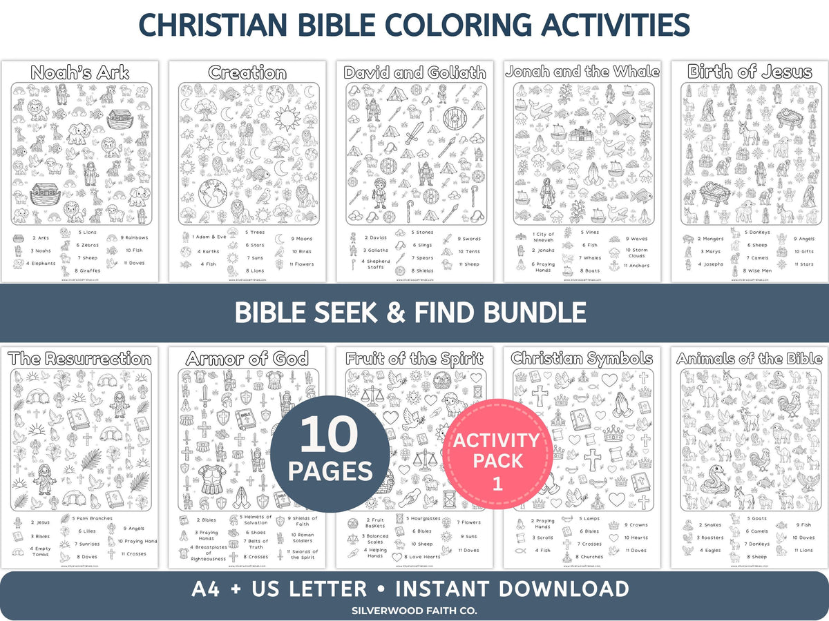 Christian Seek and Find Activity Page Bundle, Kids Christian Coloring Activities, Printable Sunday School Activity Pages (Digital Download)
