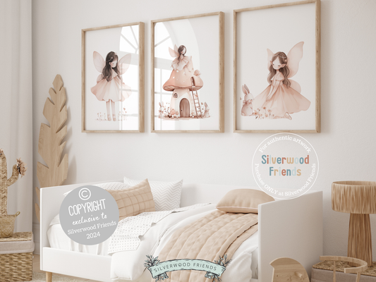 Embrace the enchantment with our delightful Fairy Nursery Prints featuring fairies, fairy house, bunnies, and wildflowers, the perfect adornment for your baby girl's nursery decor or a cherished baby shower gift guaranteed to enchant.