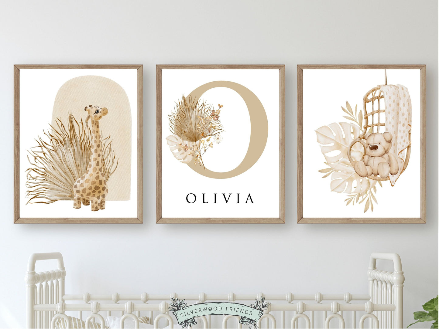 Custom name nursery wall art set of 3 digital prints featuring boho giraffe and teddy bear with personalized initial and name in boho colors. Perfect for your boho nursery decor. Digital prints. No physical prints will be sent.