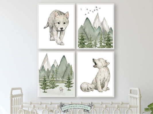 Our cute Baby Wolf Nursery Set of 4 Prints featuring adorable baby wolves and woodland mountain landscape is the perfect addition to your baby's woodland nursery decor or baby wolf nursery decor and part of our BEST SELLING wolf nursery collection.