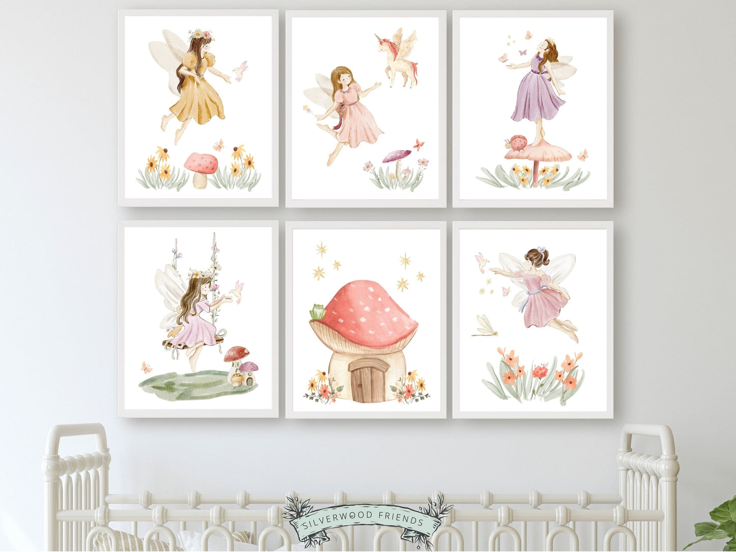 Our gorgeous Fairy Nursery Prints Set of 6 with watercolour fairies and wildflower meadow flowers is perfect for your fairy nursery decor or princess theme nursery and also makes a unique girls baby shower gift.
