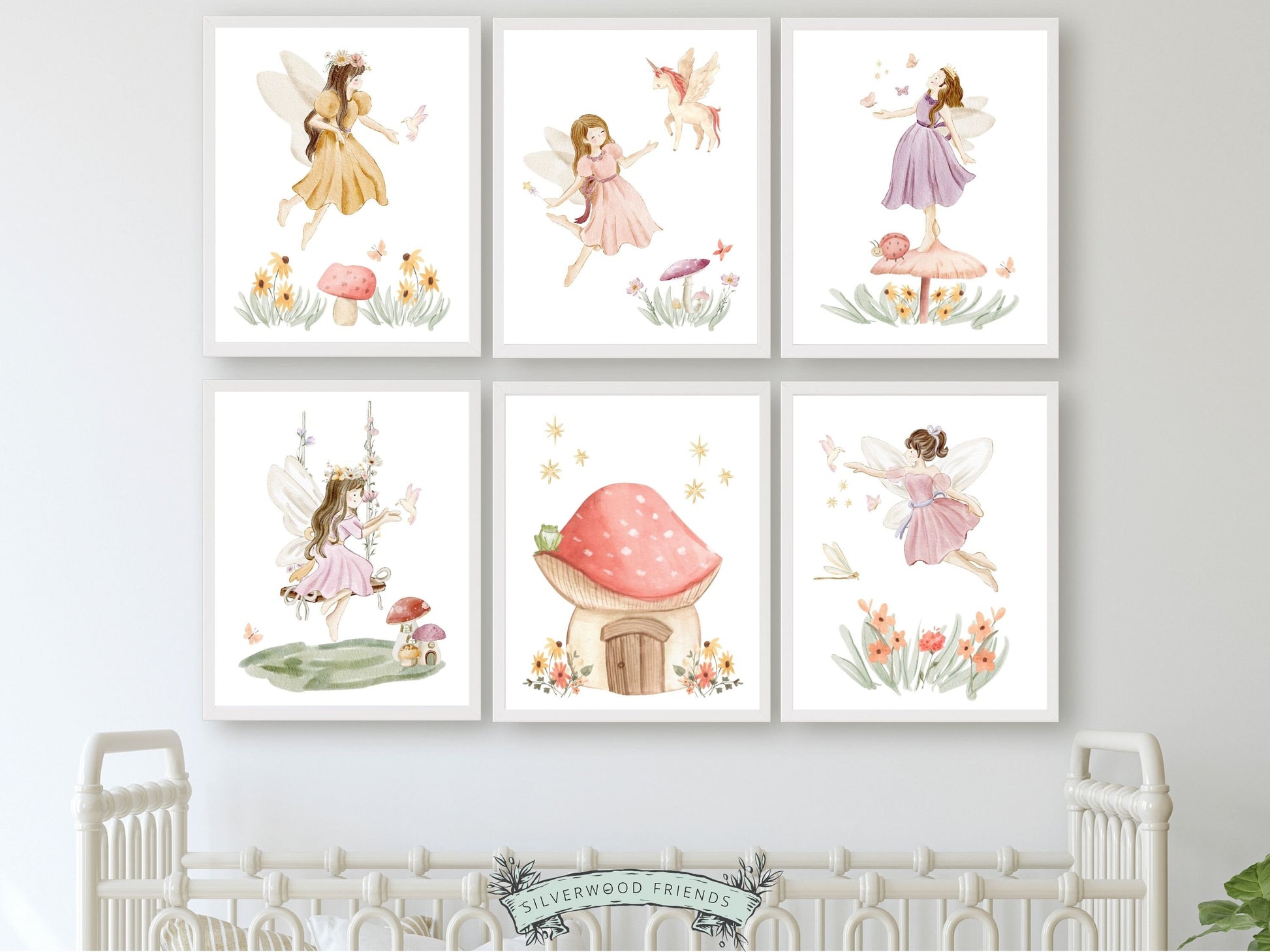 Our gorgeous Fairy Nursery Prints Set of 6 with watercolour fairies and wildflower meadow flowers is perfect for your fairy nursery decor or princess theme nursery and also makes a unique girls baby shower gift.
