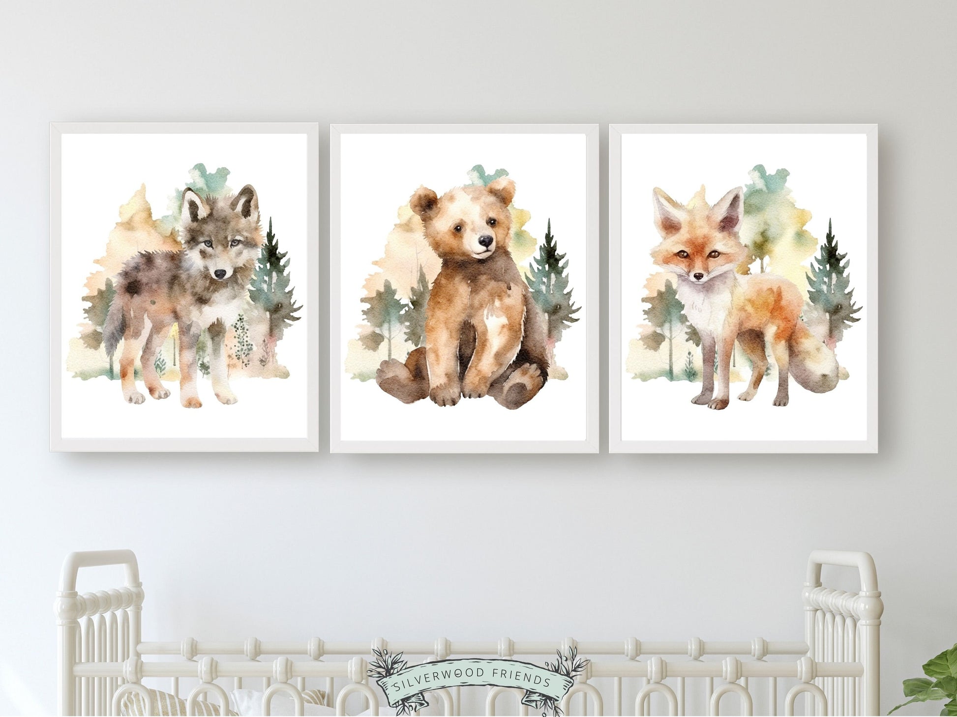 Our gorgeous Watercolour Woodland Animal Nursery Print Set of 3 featuring baby bear, wolf and fox is the perfect addition to your babys woodland nursery decor or nature themed nursery and also makes a unique woodland baby shower gift.