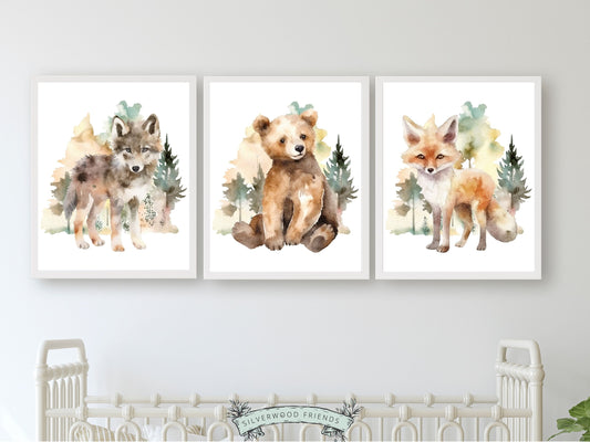 Our gorgeous Watercolour Woodland Animal Nursery Print Set of 3 featuring baby bear, wolf and fox is the perfect addition to your babys woodland nursery decor or nature themed nursery and also makes a unique woodland baby shower gift.
