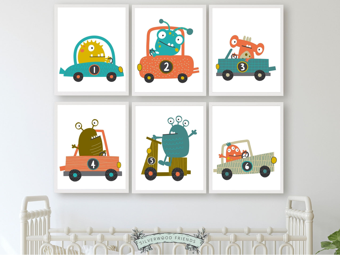 Transform your baby boys nursery decor into a realm of cosmic wonder with our enchanting Set of 6 Outer Space Alien Nursery Prints featuring aliens driving cars, igniting creativity and fostering boundless imagination in your little one.