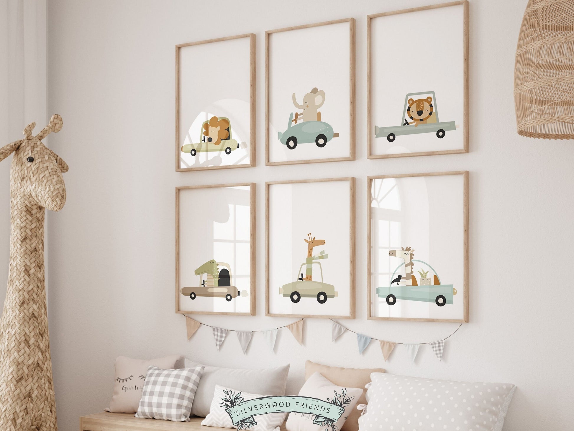 Racing Car Nursery Prints, Transport Nursery Decor, Toddler Car Theme Room Decor, Baby Boys Safari Animal Driving Car Nursery Digital Print