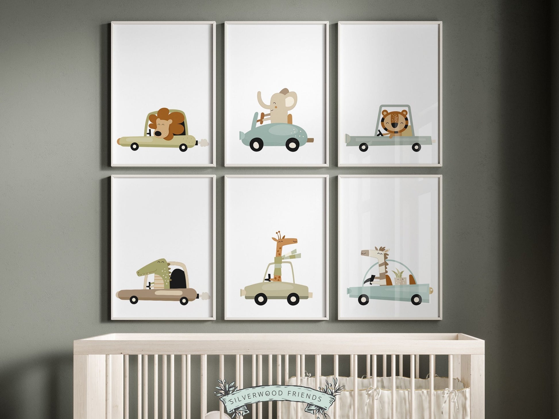 Transform your nursery into a whimsical safari adventure with our charming Set of 6 Racing Car Nursery Prints. Adorned with endearing jungle animals cruising in cars making it an ideal choice for both safari and transport themed nurseries.
