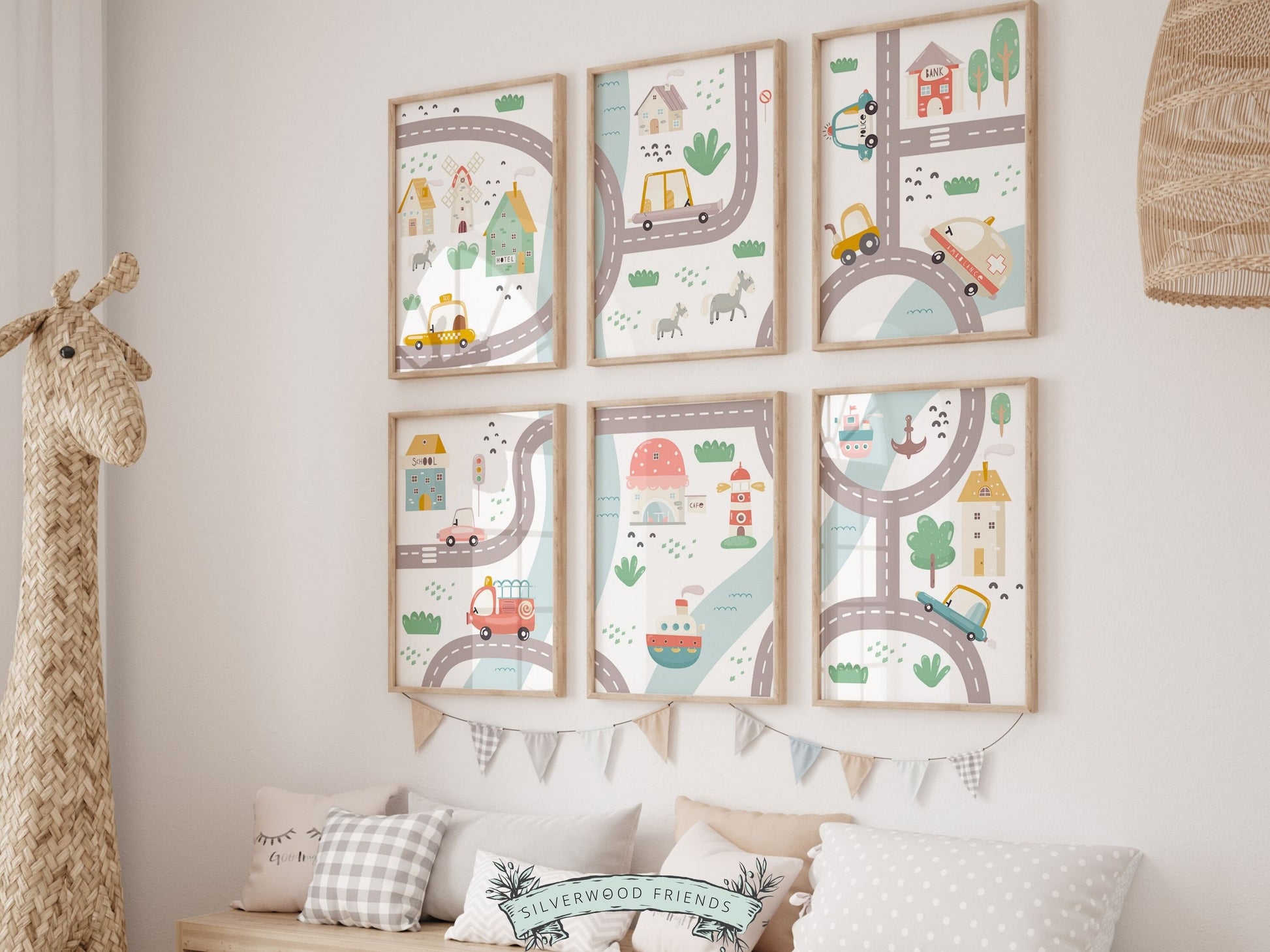 Transport Vehicle Nursery Prints, Boys Car Theme Nursery Decor, Toddler Truck Playroom Poster, Boys Police Car Map Nursery Digital Prints