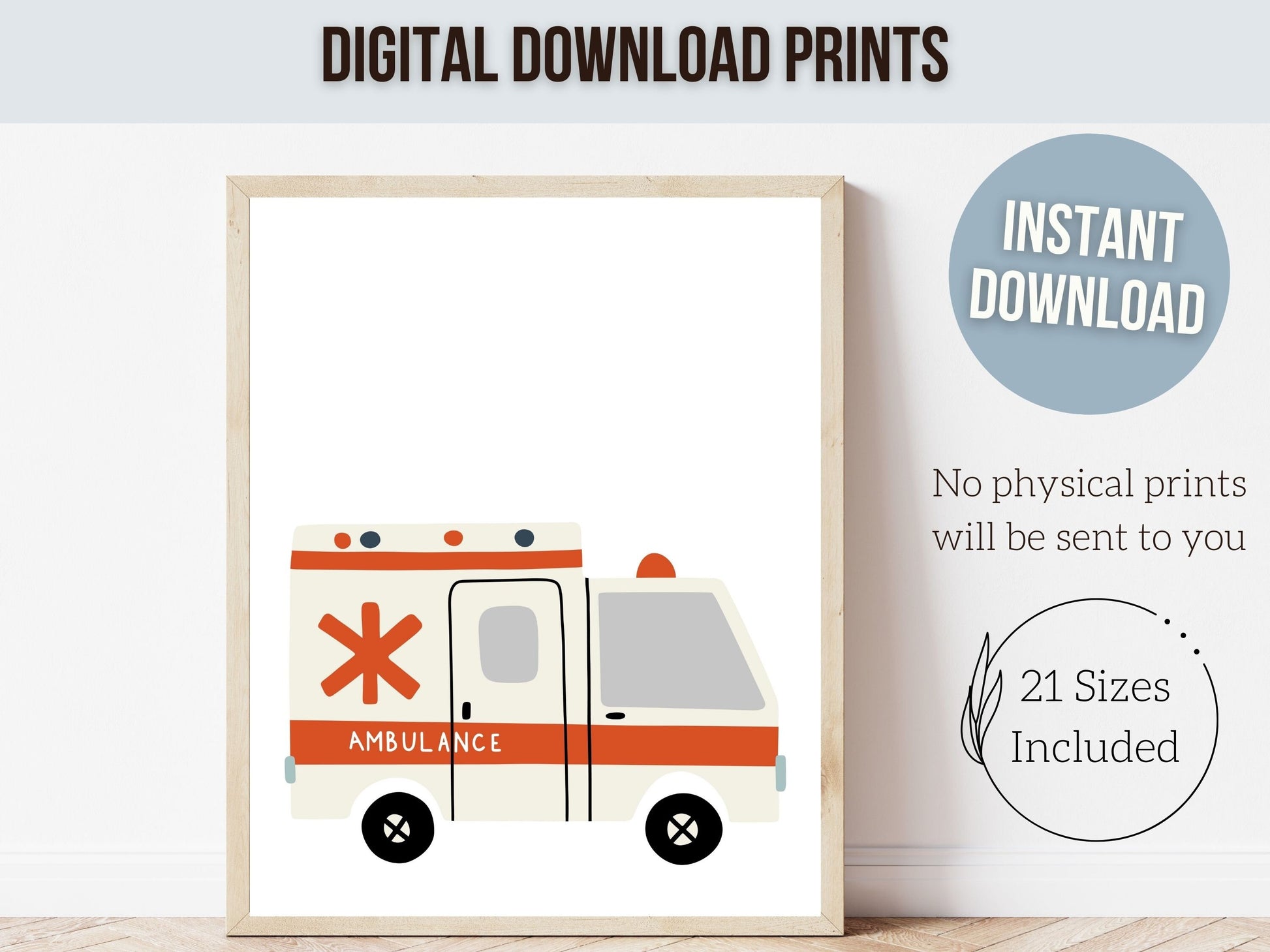 Transport Nursery Prints, Boys Car Nursery Decor, Police Car Playroom Poster Set of 6, Rescue Vehicle Nursery Wall Art, Truck Digital Prints