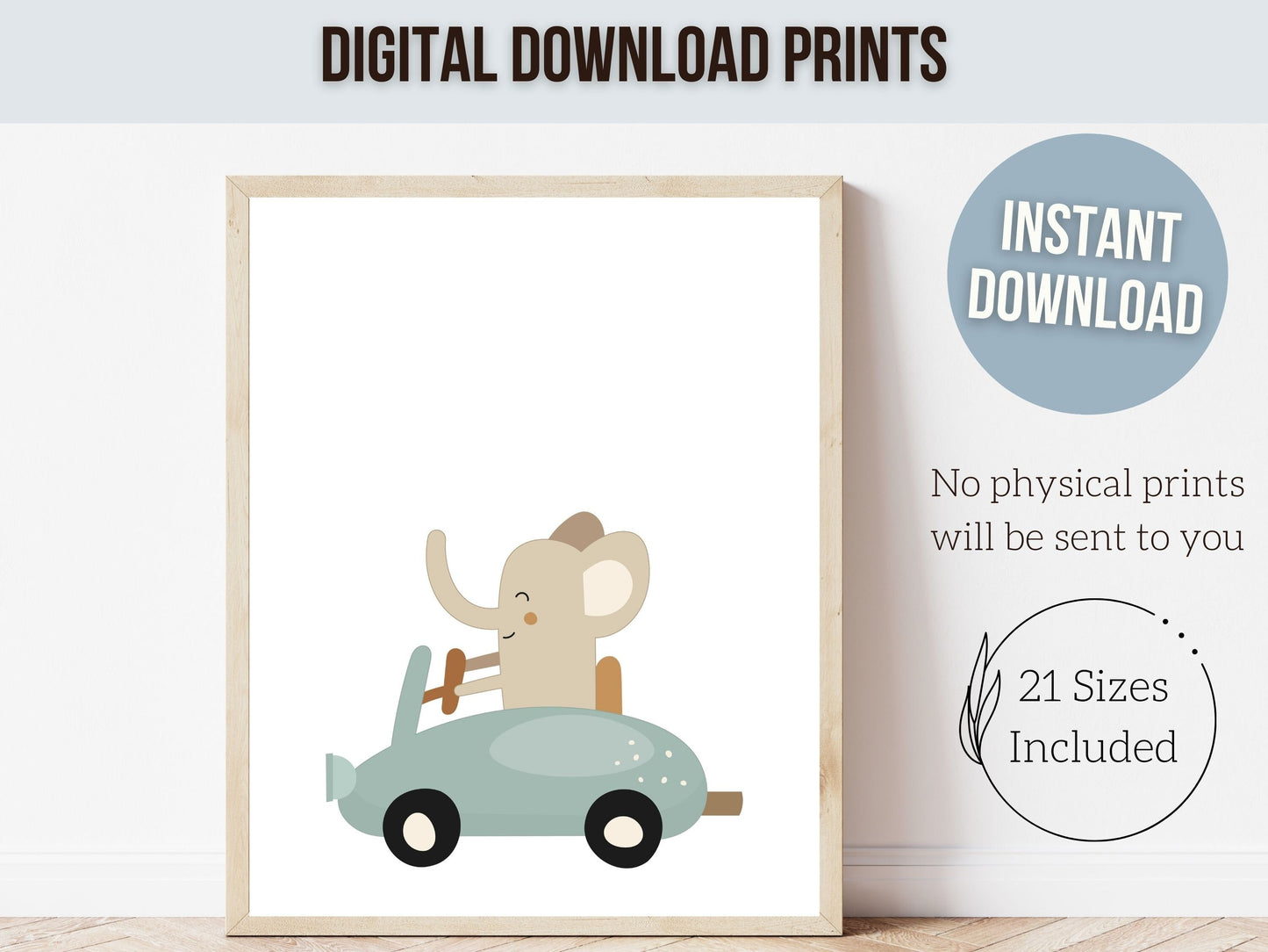 Racing Car Nursery Prints, Transport Nursery Decor, Toddler Car Theme Room Decor, Baby Boys Safari Animal Driving Car Nursery Digital Print