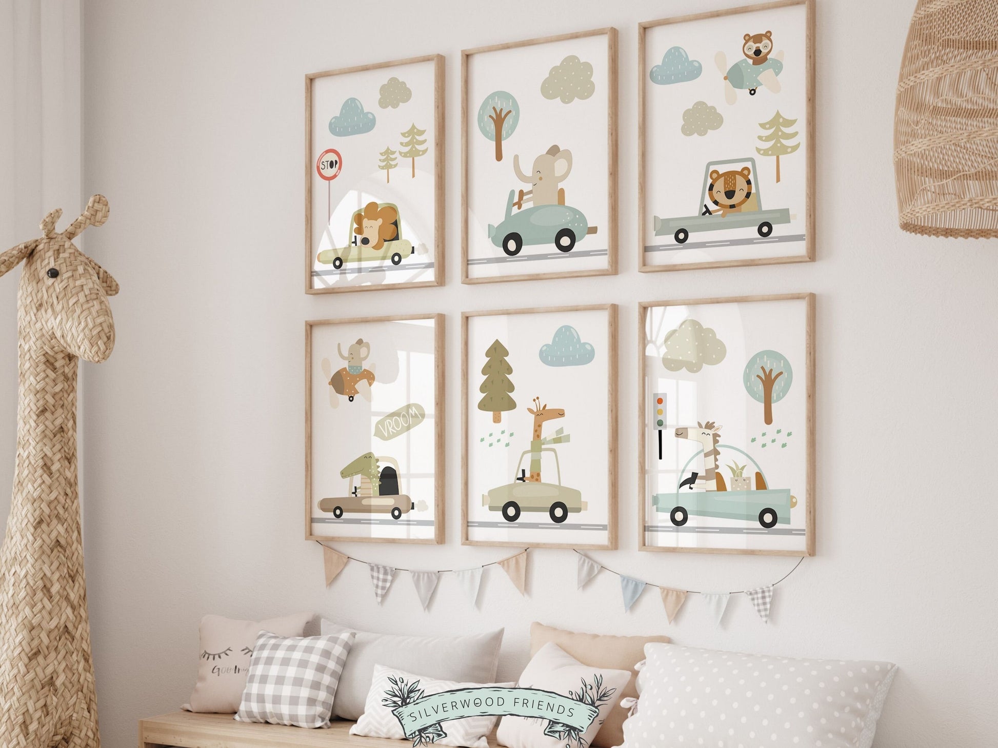 Safari Animal Driving Car Nursery Prints, Transport Nursery Decor, Boho Safari Nursery, Boys Nursery Decor, Baby Boys Nursery Digital Print