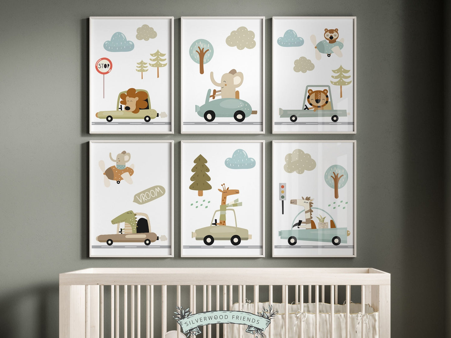Transform your nursery into a whimsical safari adventure with our charming Set of 6 Safari Animals Driving Cars Nursery Prints. Adorned with endearing jungle animals cruising in cars surrounded by clouds, trees and traffic elements.