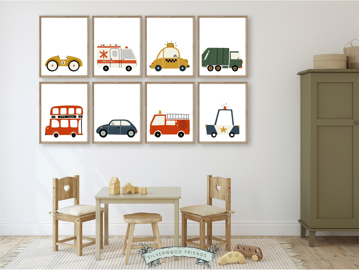 Transport Nursery Prints, Boy Car Nursery Decor, Police Car Playroom Set of 8 Posters,Cars Trucks Bus Vehicle Nursery Wall Art Digital Print