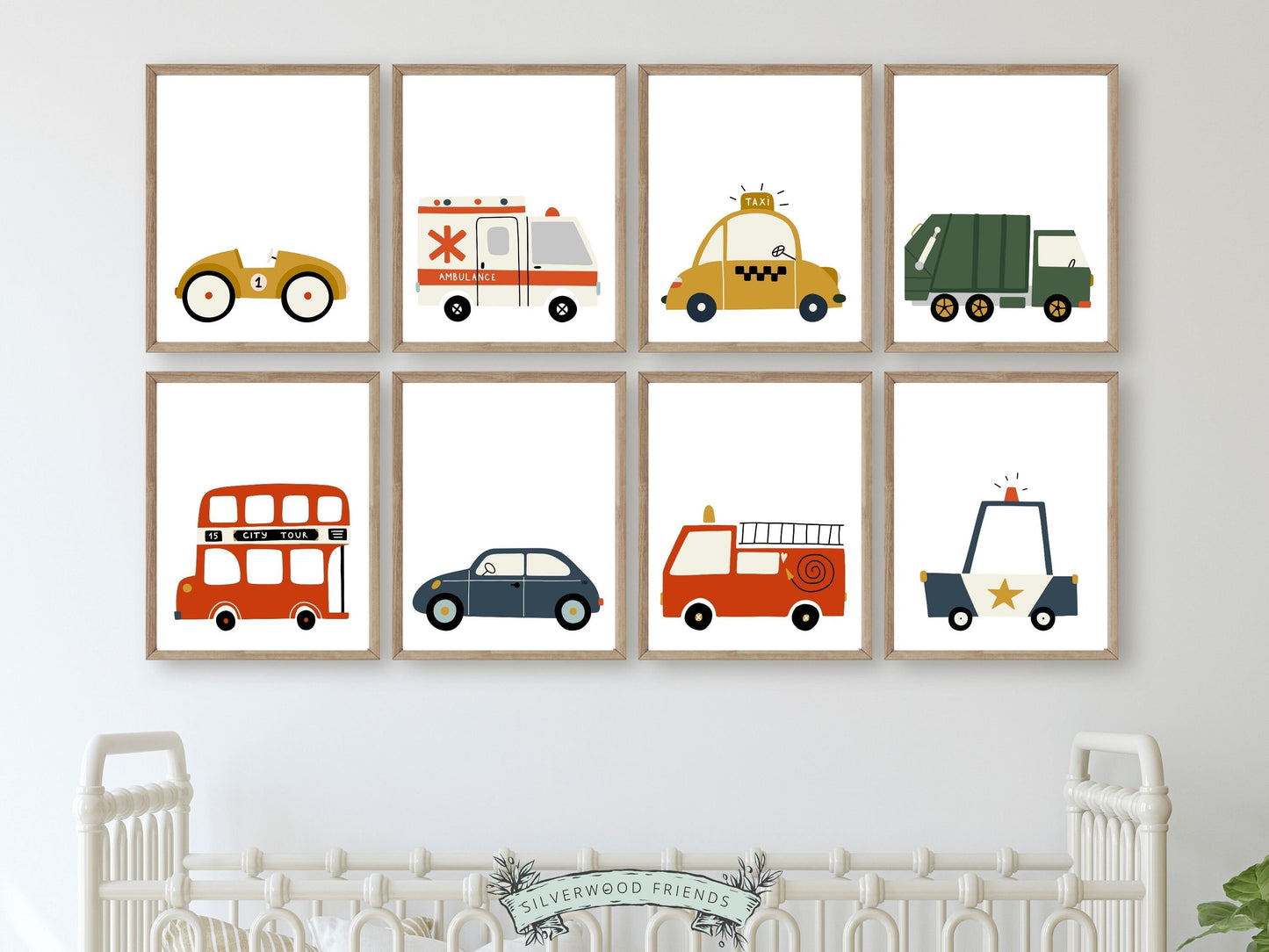 Elevate your little ones nursery with our Transport Nursery Prints Set of 8. Showcasing a fire engine, police car, ambulance, bus, car, taxi, racing car, garbage truck and school bus. Perfect for a transport themed nursery and baby shower gift.