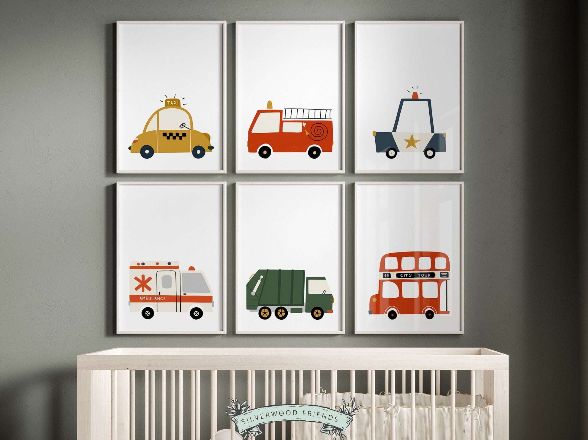 Elevate your little ones nursery with our charming Transport Nursery Prints Set of 6. Showcasing a fire engine, police car, ambulance, taxi and garbage truck and school bus. Perfect for your transport themed nursery and as a bay shower gift.