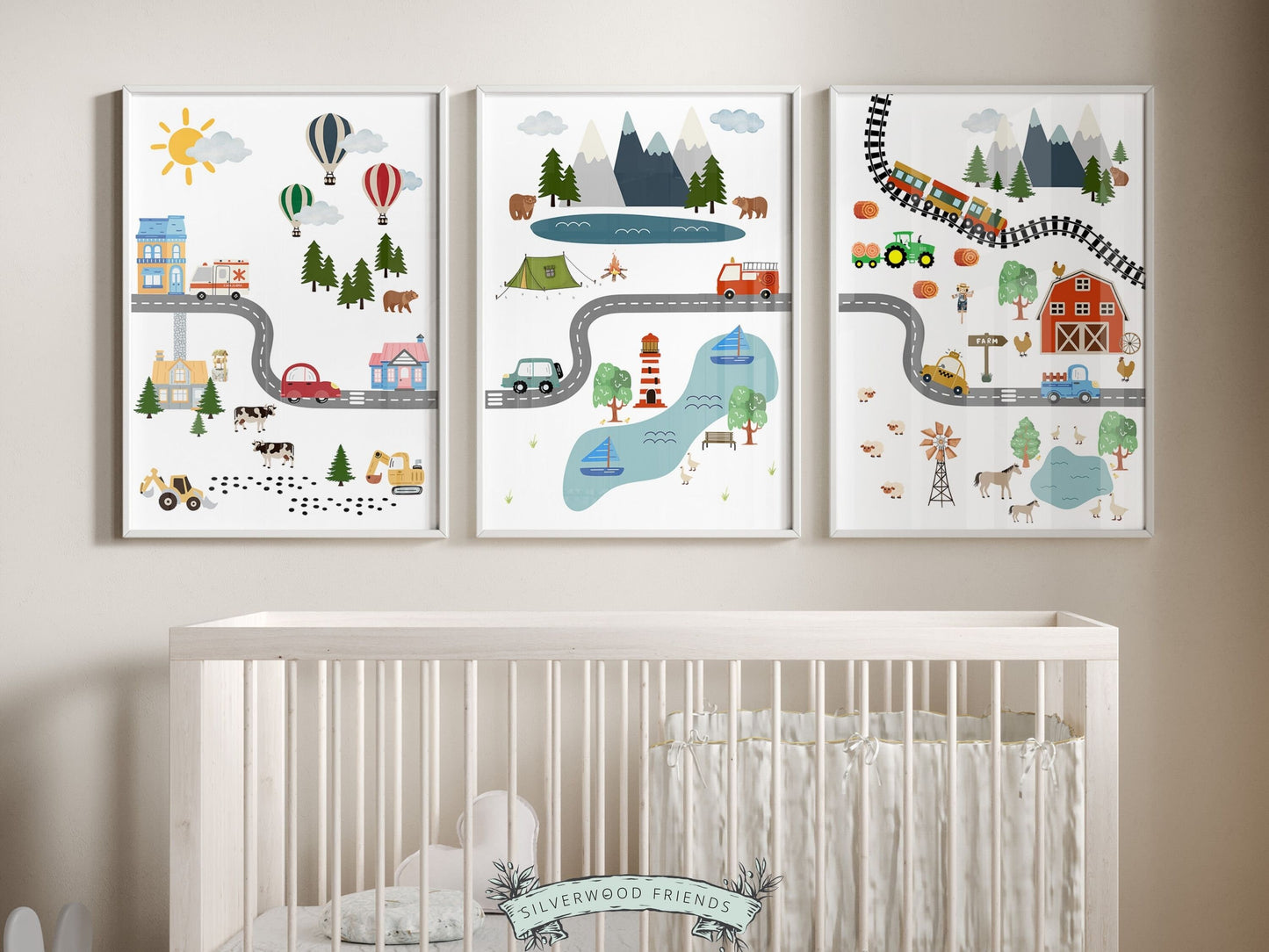 Embark on a captivating journey through forests and farmland with our Set of 3 Car Nursery Prints, where adorable farm animals, wild bears, tractors, and cars come together in a delightful poster set.