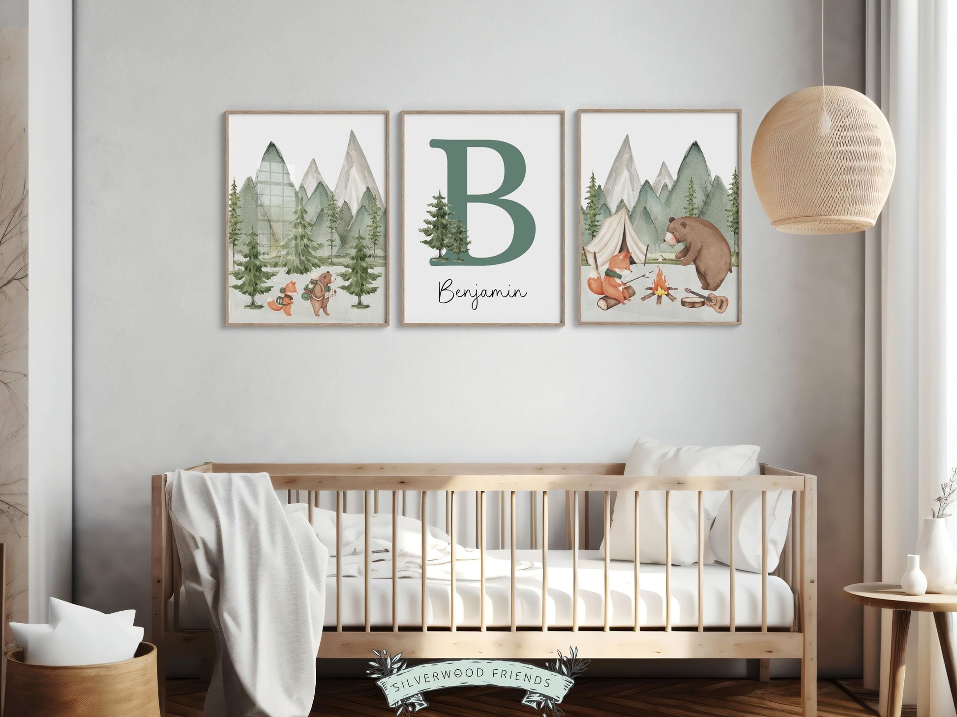 Woodland Camping Nursery Prints, Woodland Hiking Nursery Decor, Mountain Nursery Print, Custom Baby Name Personalised Nursery Digital Print