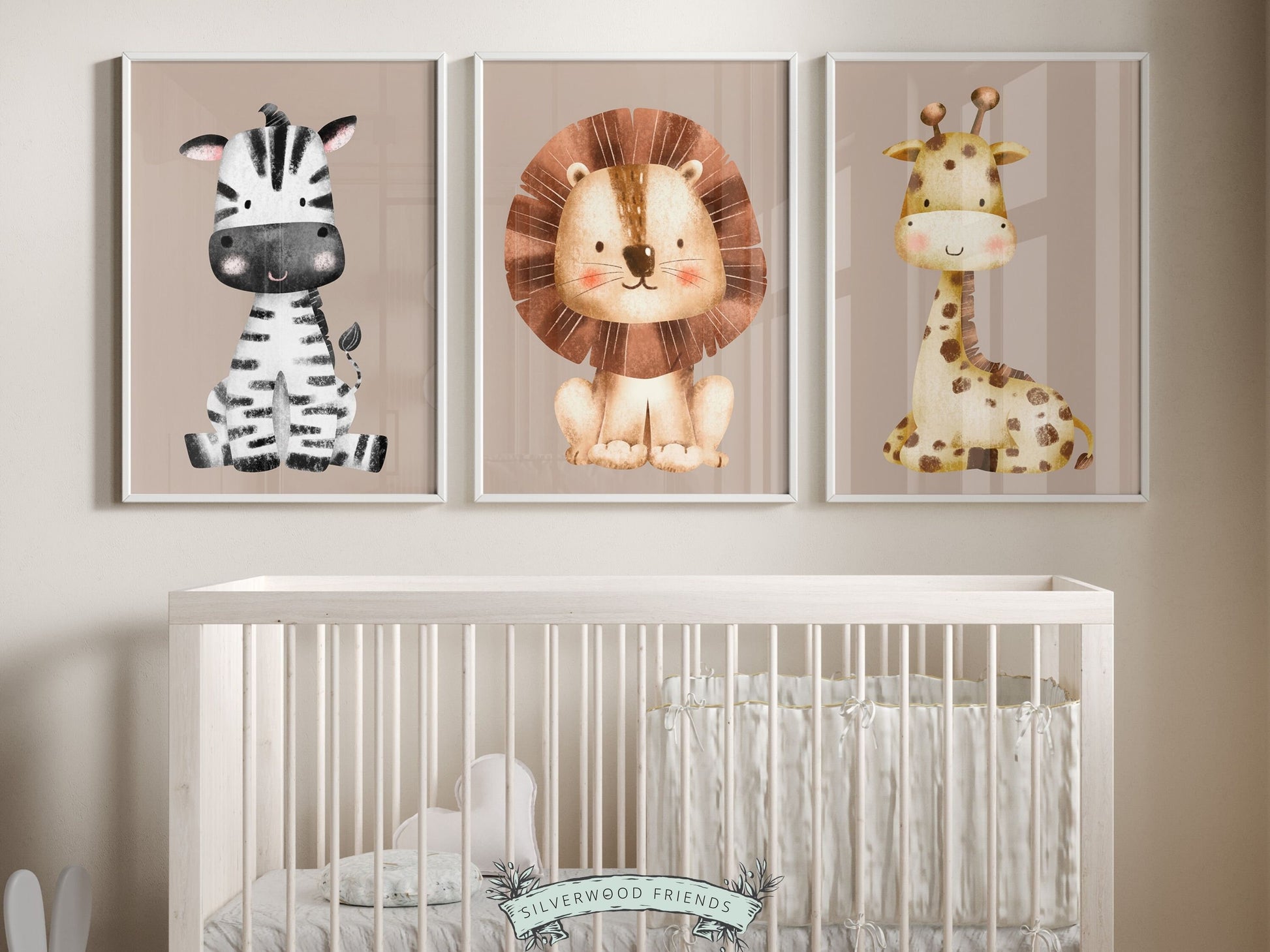Our beige Safari Nursery Prints Set of 3 with jungle animals zebra, lion and giraffe is set on a beige background and perfect for your jungle nursery decor or safari theme baby room. It also makes a lovely gender neutral baby shower gift.