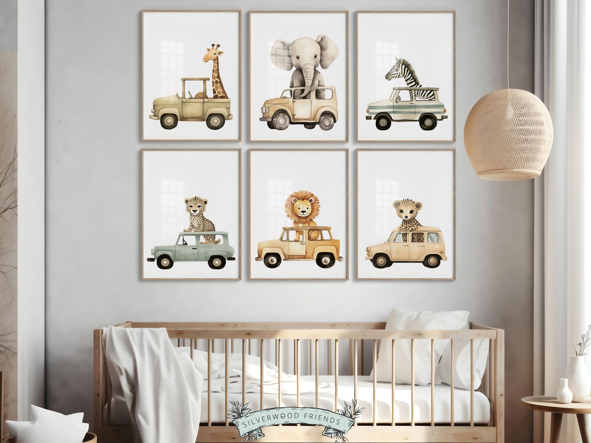 Transform your transport nursery decor with our charming Safari Animal Nursery Prints Set of 6, showcasing safari animals driving cars. Perfect for your safari nursery decor or transport theme nursery, and also make a lovely safari baby shower gift.