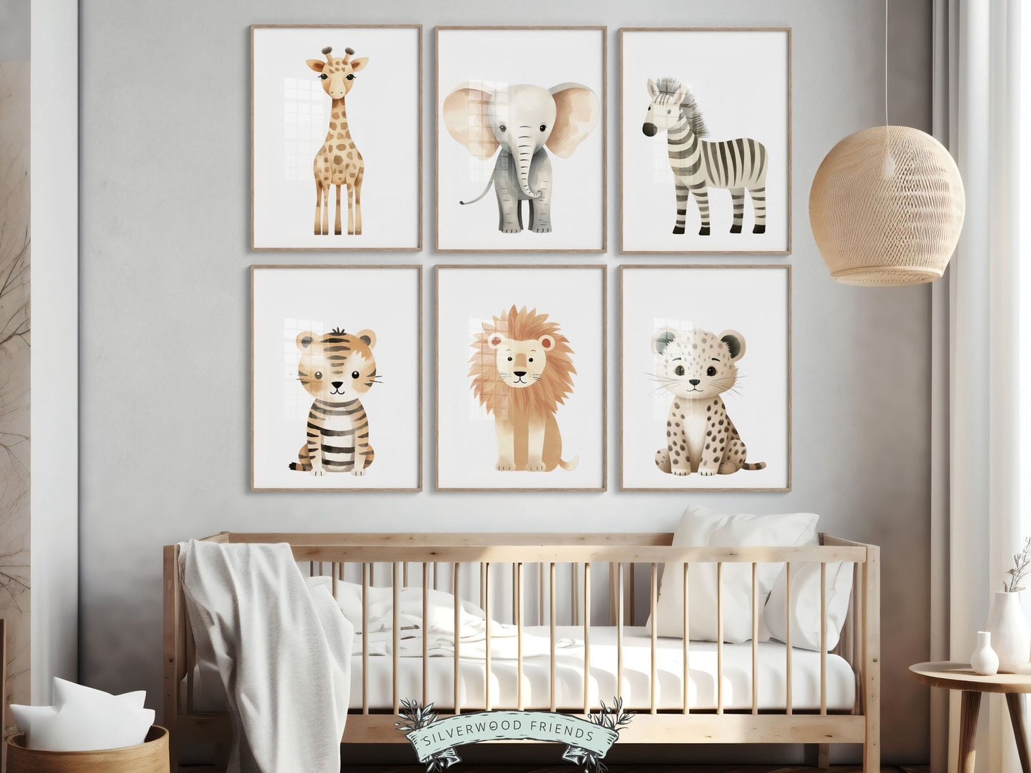 Our Safari Animal Nursery Prints featuring adorable watercolor illustrations of a giraffe, elephant, zebra, tiger, lion and leopard, is the perfect addition for your safari nursery decor and also makes a lovely gender neutral baby shower gift.