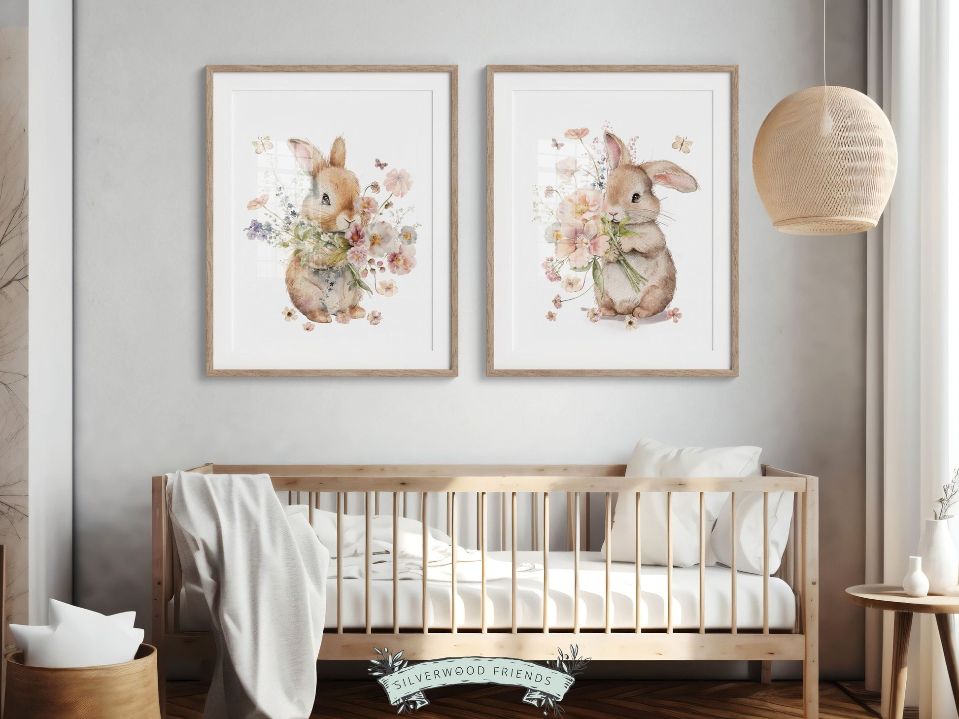 Bunny Nursery Prints, Floral Bunny Nursery Wall Art, Wildflower Nursery Decor, Girl Nursery Bedroom Prints,Wild Flower Nursery Digital Print