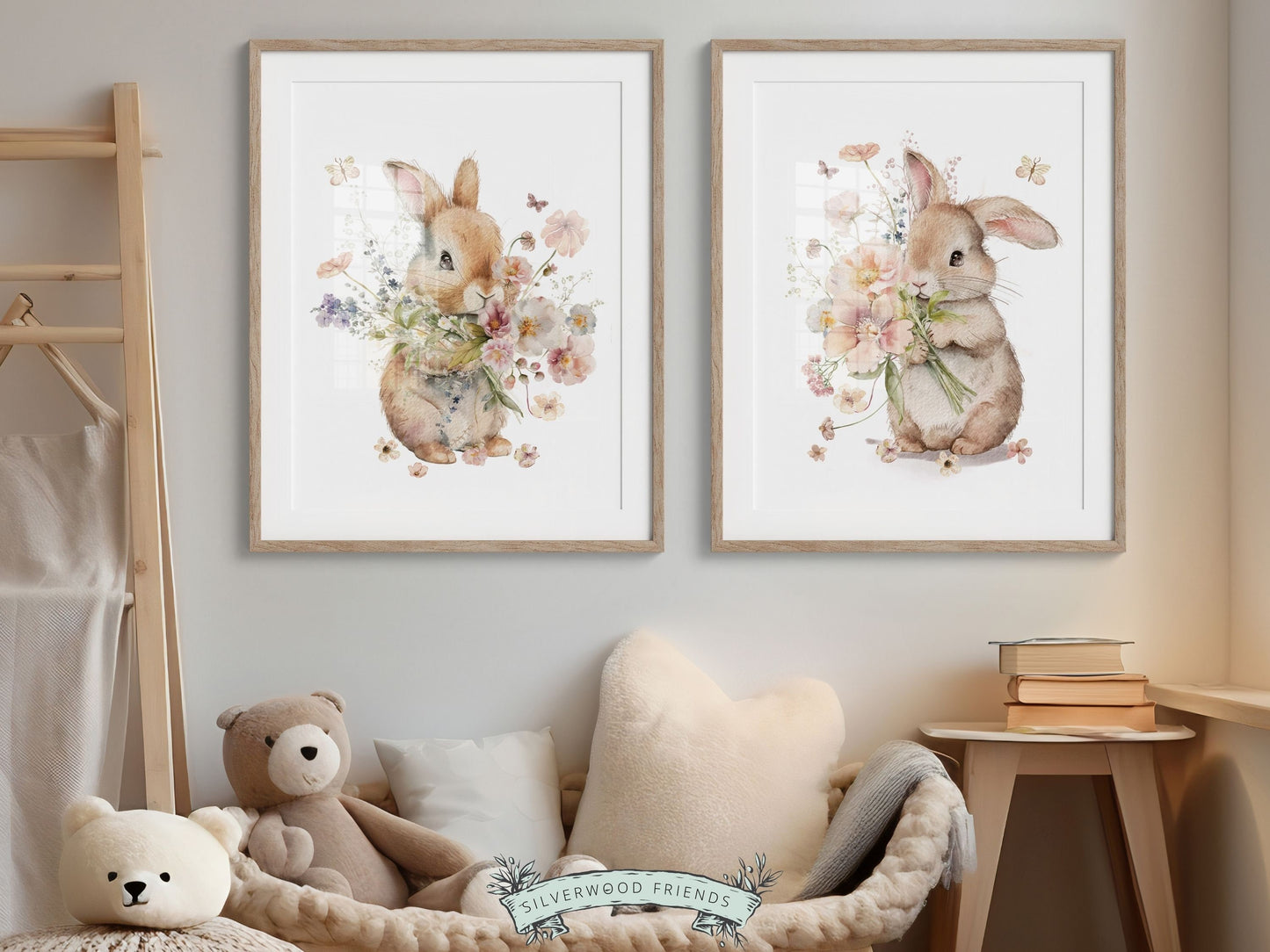 Bunny Nursery Prints, Floral Bunny Nursery Wall Art, Wildflower Nursery Decor, Girl Nursery Bedroom Prints,Wild Flower Nursery Digital Print