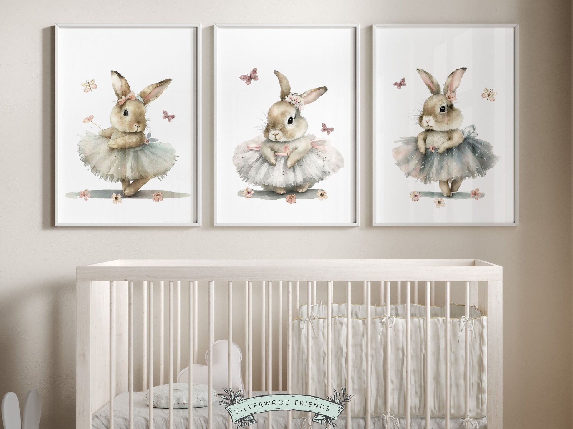 Our gorgeous Bunny Ballet Nursery Prints with watercolor bunny rabbits, wildflowers and butterflies, are perfect for your little girls nursery decor and also makes a unique baby shower gift.