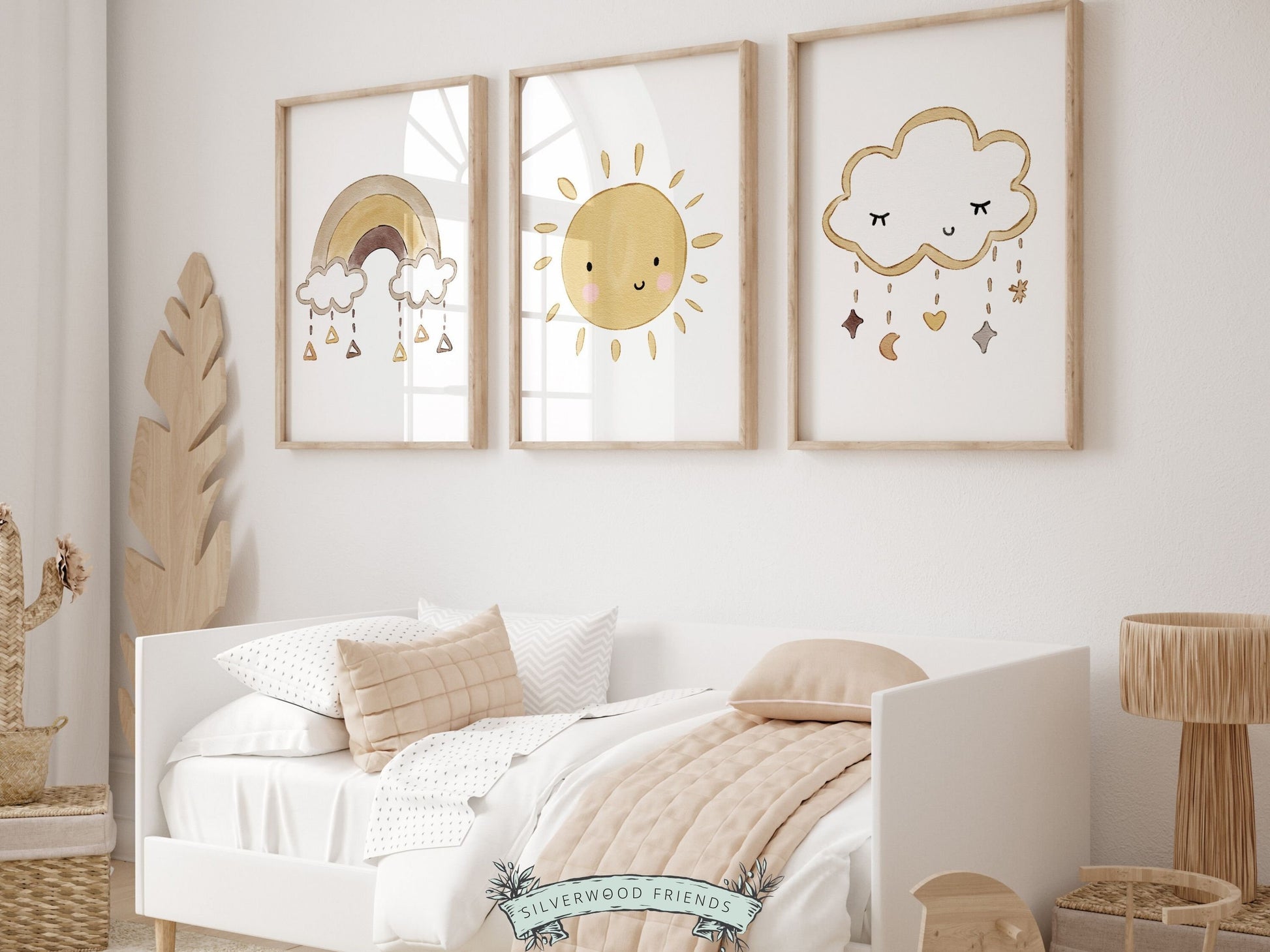 Set of 3 Boho Baby Nursery Prints. Delicately crafted watercolor rainbow, sun and cloud adorned with whimsical stars will infuse a harmonious and dreamy ambiance, making it an enchanting gender neutral baby shower gift.