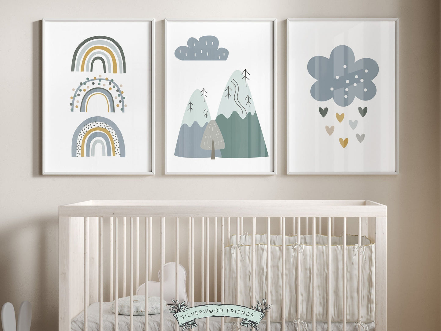 Our Set of 3 Boho Mountain Nursery Prints, featuring Nordic mountains, rainbows and love hearts in tranquil blue and green tones will create a dreamy atmosphere in your little ones nursery. Perfect for your boho nursery decor.