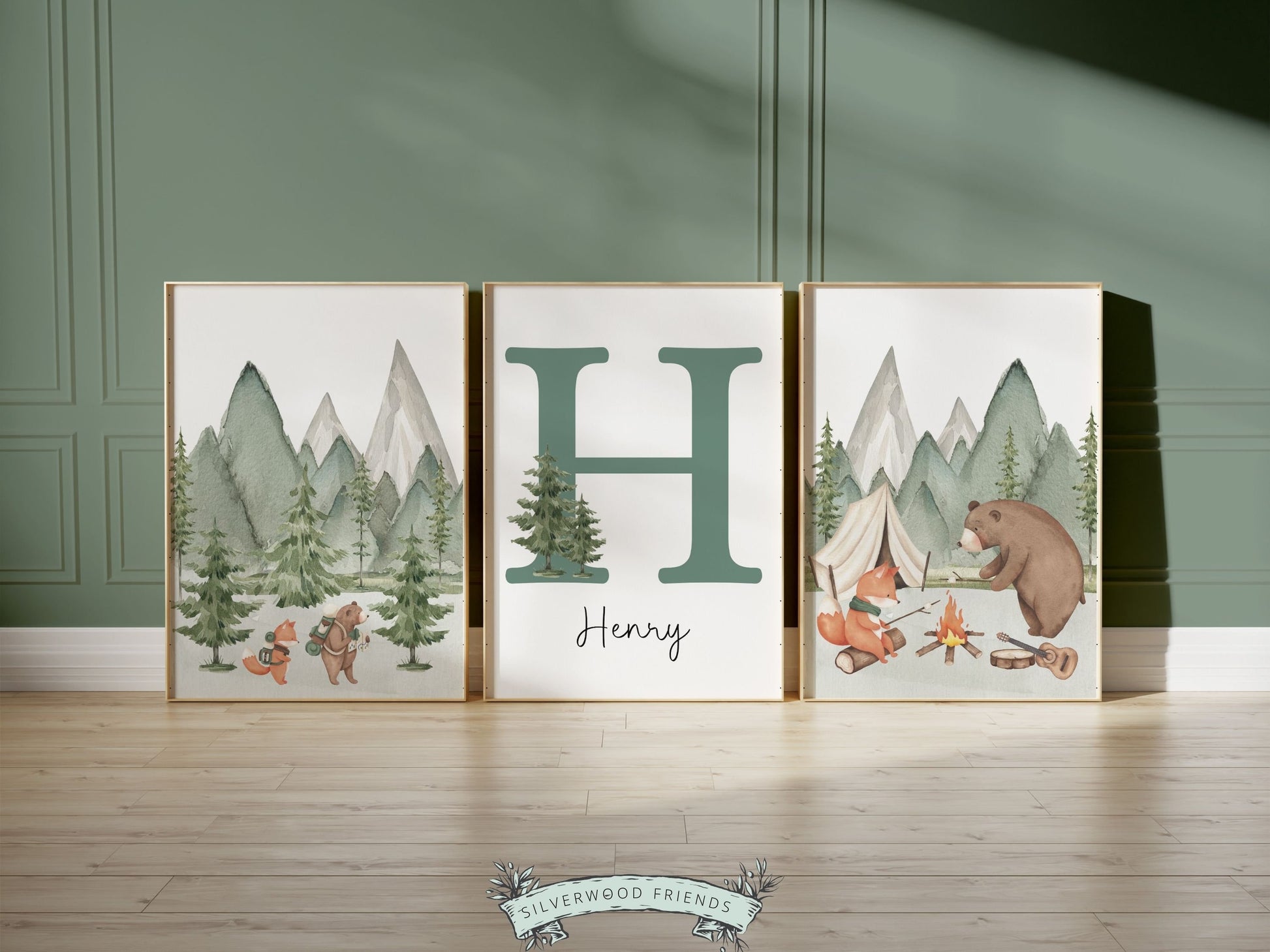 Woodland Camping Nursery Prints, Woodland Hiking Nursery Decor, Mountain Nursery Print, Custom Baby Name Personalised Nursery Digital Print