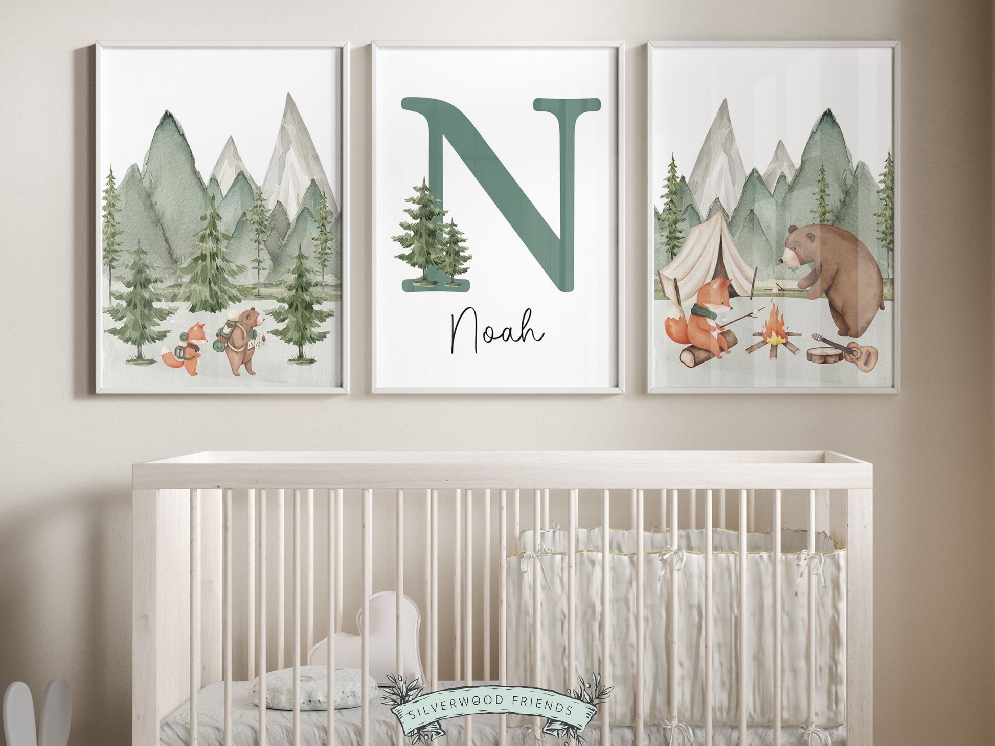 Create a personalised touch in your babys nursery or gift a cherished keepsake with our gorgeous Woodland Camping Custom Name Nursery Prints. Perfect for your woodland nursery decor and as a woodland baby shower gift for your little explorer.