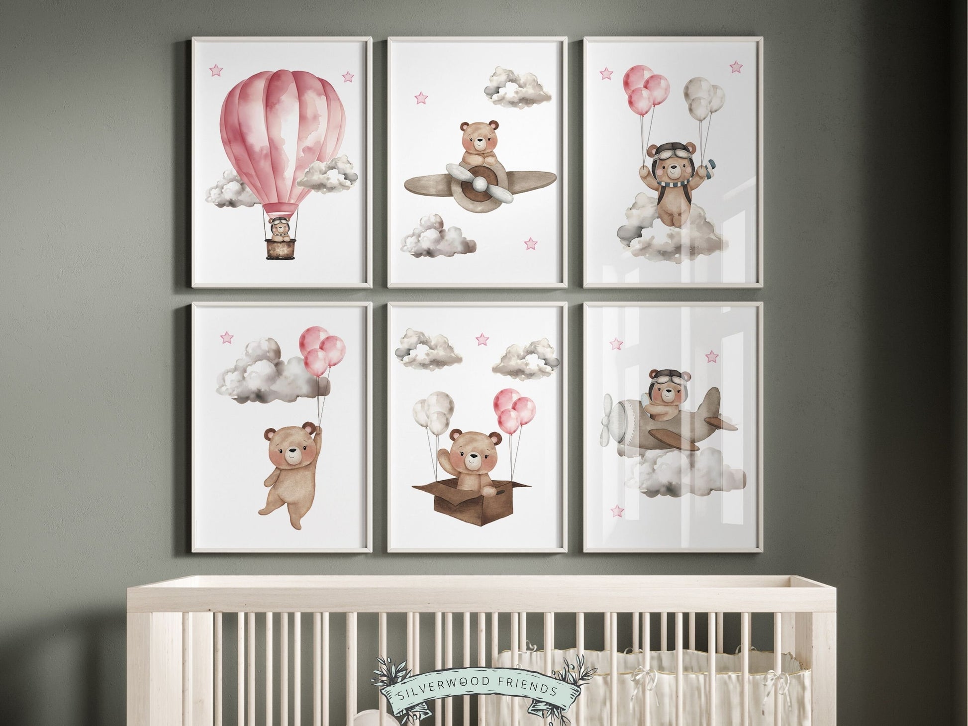 Teddy Bear Nursery Prints, Girls Pink Teddy Bear Nursery Decor, Pink Hot Air Balloon Nursery Wall Art, Girls Adventure Nursery Digital Print