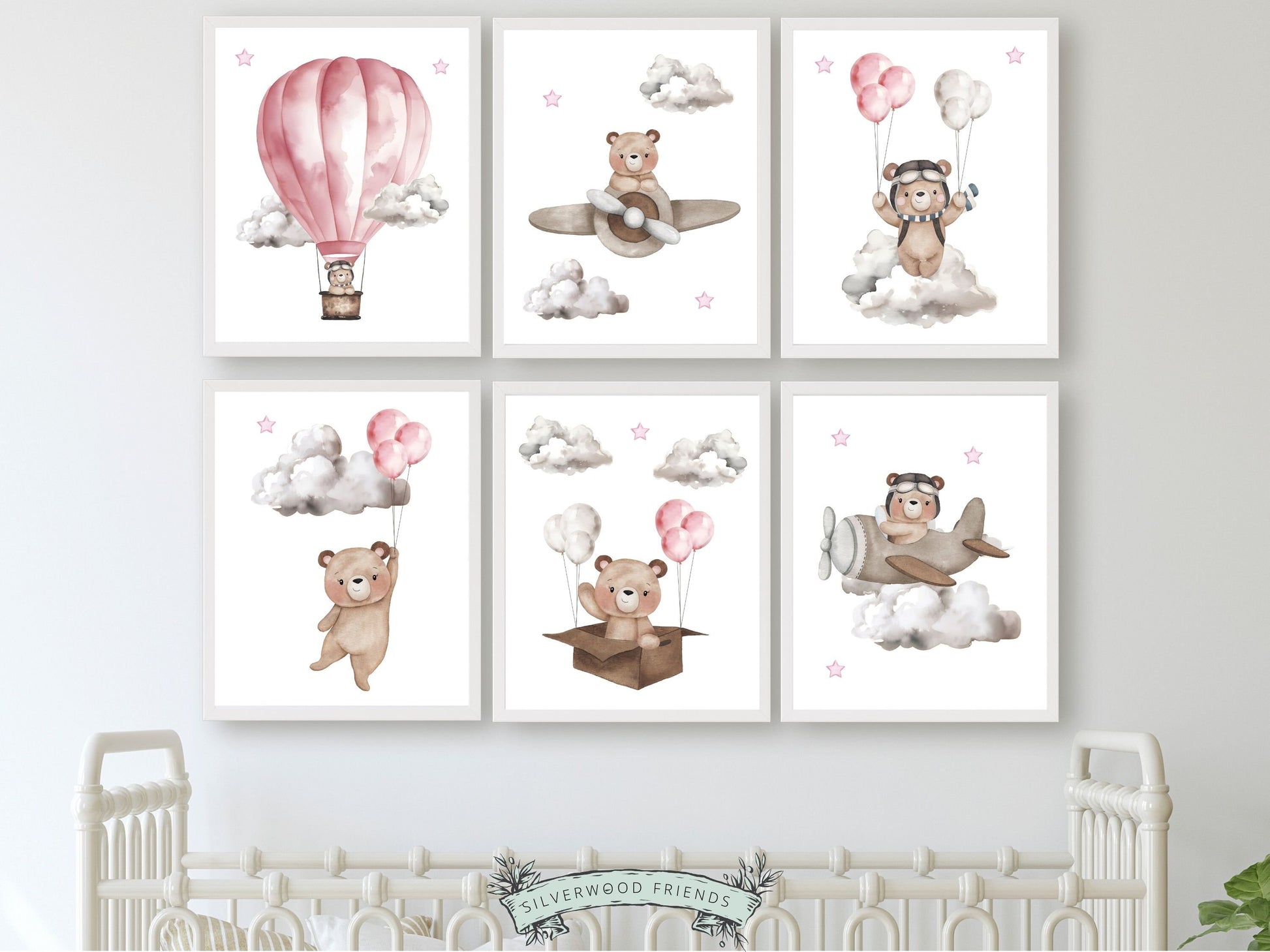 Set of 6 Teddy Bear Nursery Prints features adorable watercolour teddy bears embarking on adventures amidst a dreamy star-studded sky, flying airplanes and skydiving through fluffy clouds.