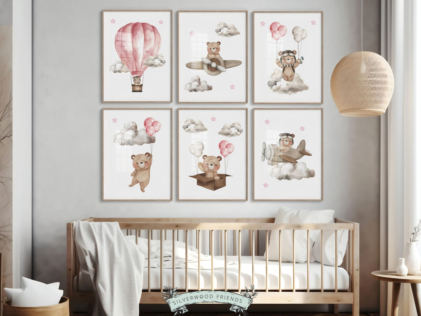 Teddy Bear Nursery Prints, Girls Pink Teddy Bear Nursery Decor, Pink Hot Air Balloon Nursery Wall Art, Girls Adventure Nursery Digital Print
