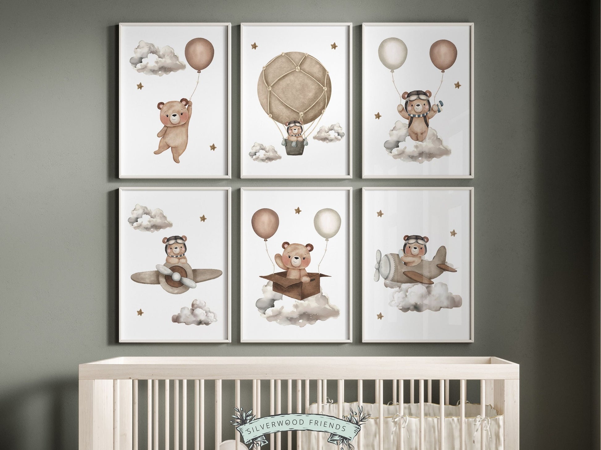 Set of 6 Teddy Bear Nursery Prints featuring adorable teddy bears embarking on adventures amidst a dreamy star-studded sky, flying airplanes and hot air balloons through fluffy clouds. Perfect for your neutral nursery decor or baby shower gift.