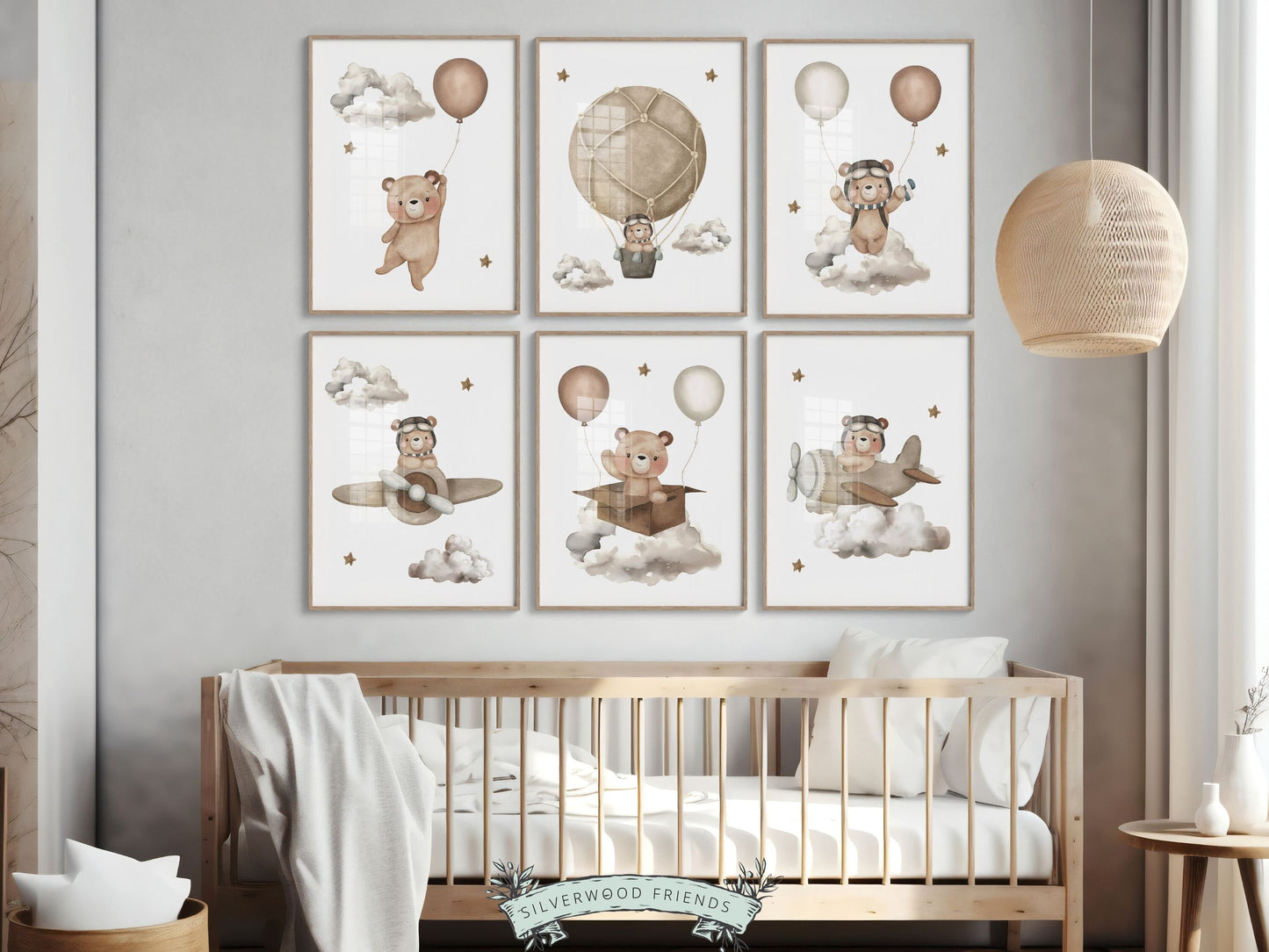 Teddy Bear Nursery Prints, Bear Nursery Decor, Neutral Nursery Wall Art, Beige Hot Air Balloon Nursery Print, Kids Room Decor Digital Prints