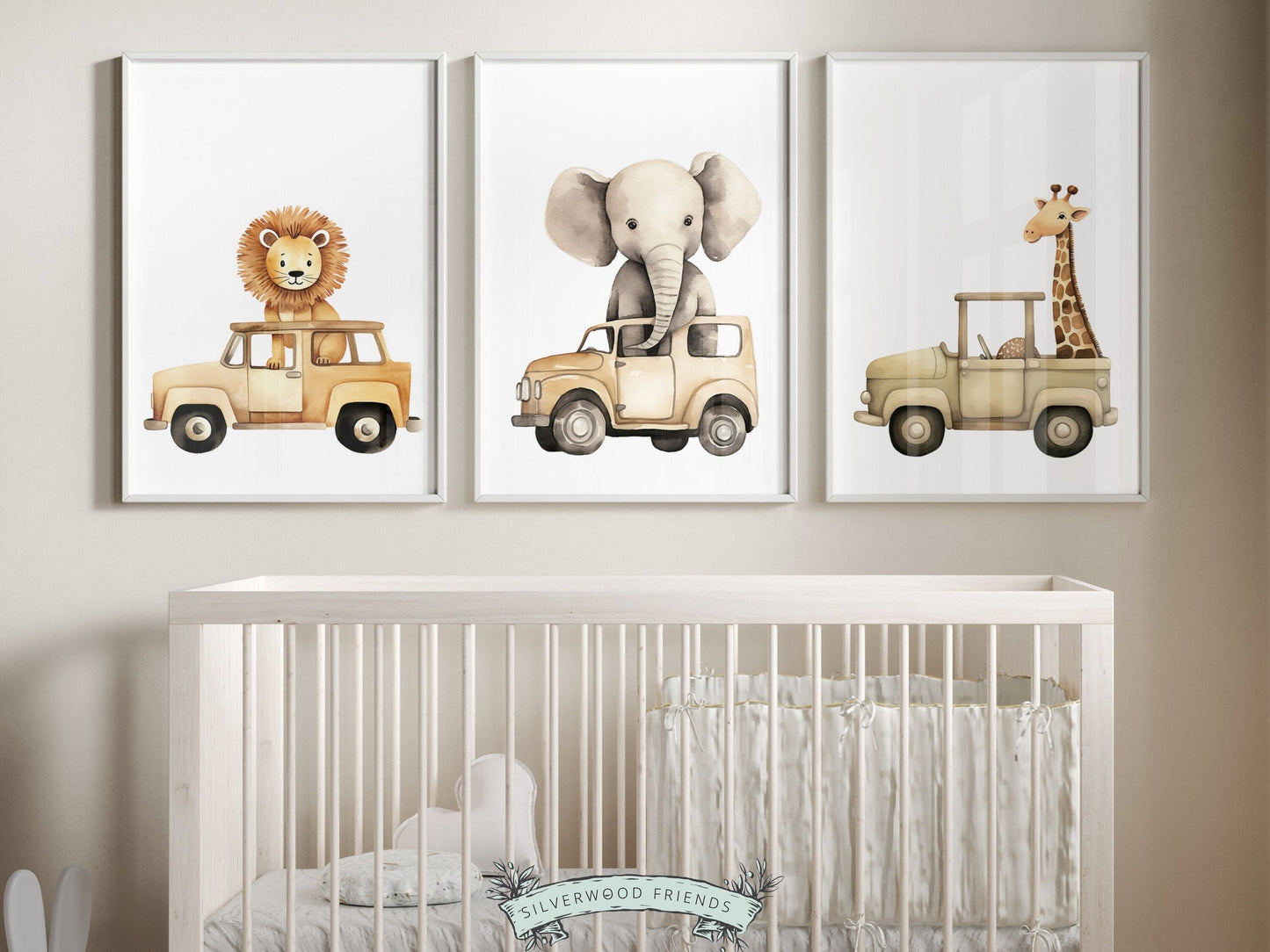 Transform your transport nursery decor with our charming Safari Animal Nursery Prints Set of 3, showcasing safari animals lion, elephant and giraffe driving cars. Perfect for your safari nursery decor and also makes a lovely neutral baby shower gift.