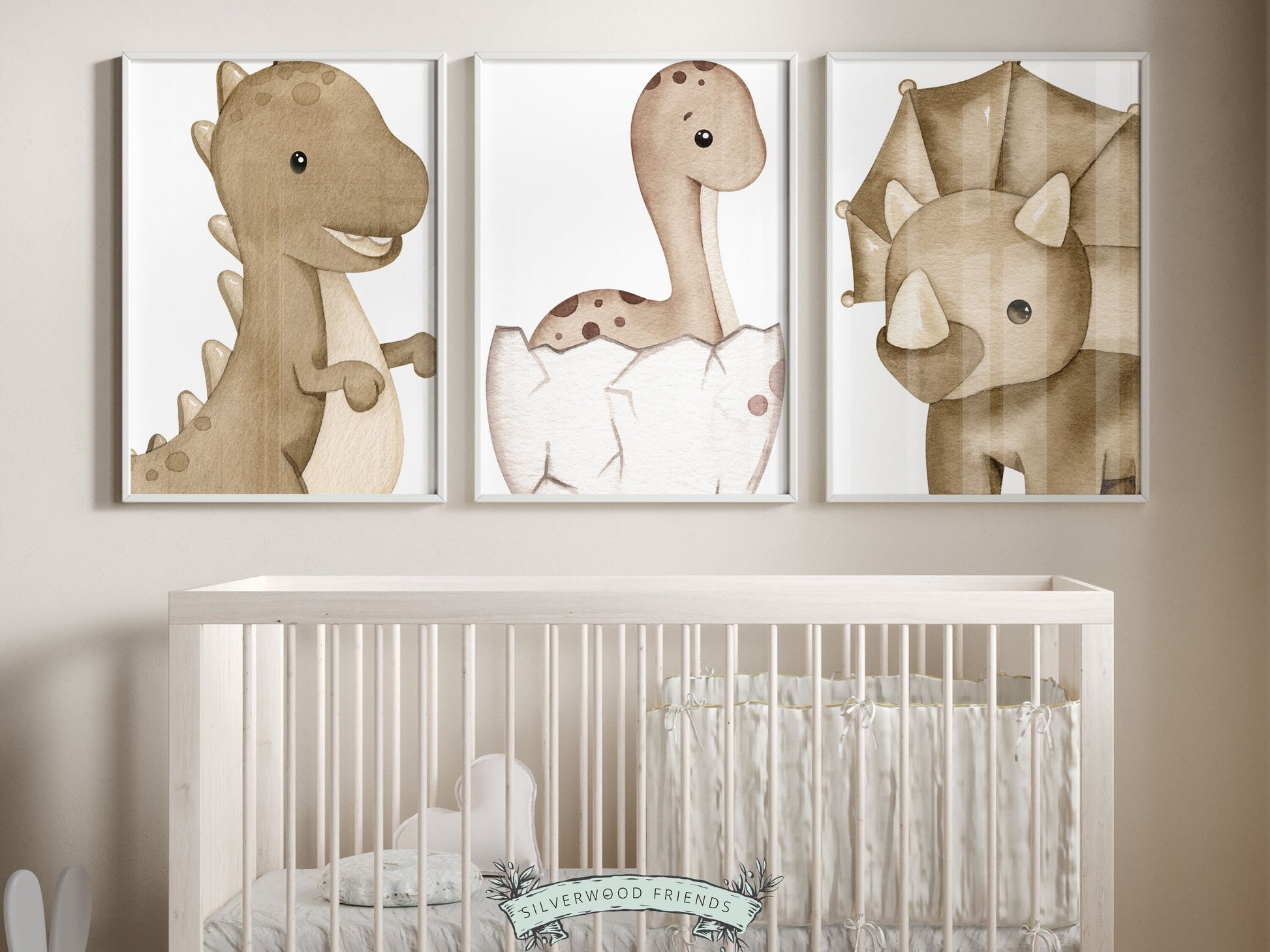 Transform your nursery into a prehistoric paradise with our charming watercolor Dinosaur Nursery Prints featuring adorable baby dinosaurs in a neutral nursery color scheme. Perfect for your dinosaur nursery and also as a neutral baby shower gift.