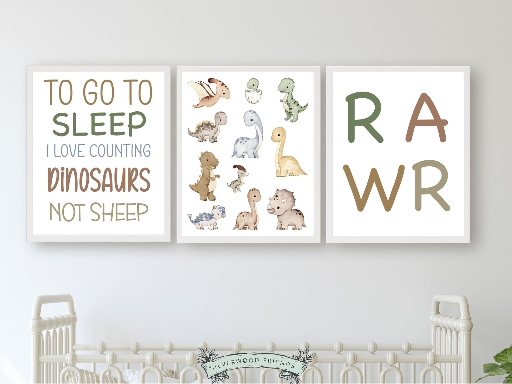 Infuse your baby boys nursery with charm and inspiration using our Set of 3 Dinosaur RAWR Nursery Prints, featuring adorable watercolour dinosaurs paired with uplifting quotes. Perfect for your dinosaur lovers bedroom and as a dinosaur baby shower gift.