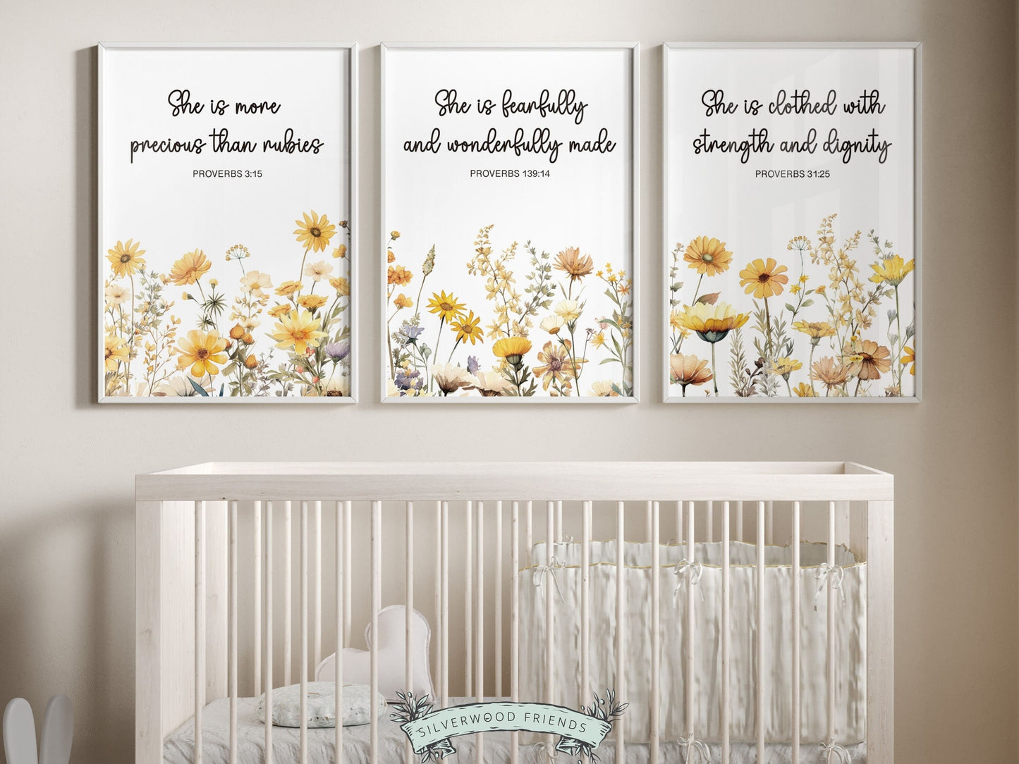 Our gorgeous Wildflower Christian Nursery Prints with yellow watercolor wildflower meadow flowers and Proverb bible verses in a modern, minimalist style, is perfect for your baby girls nursery decor and also makes a thoughtful baby shower gift.