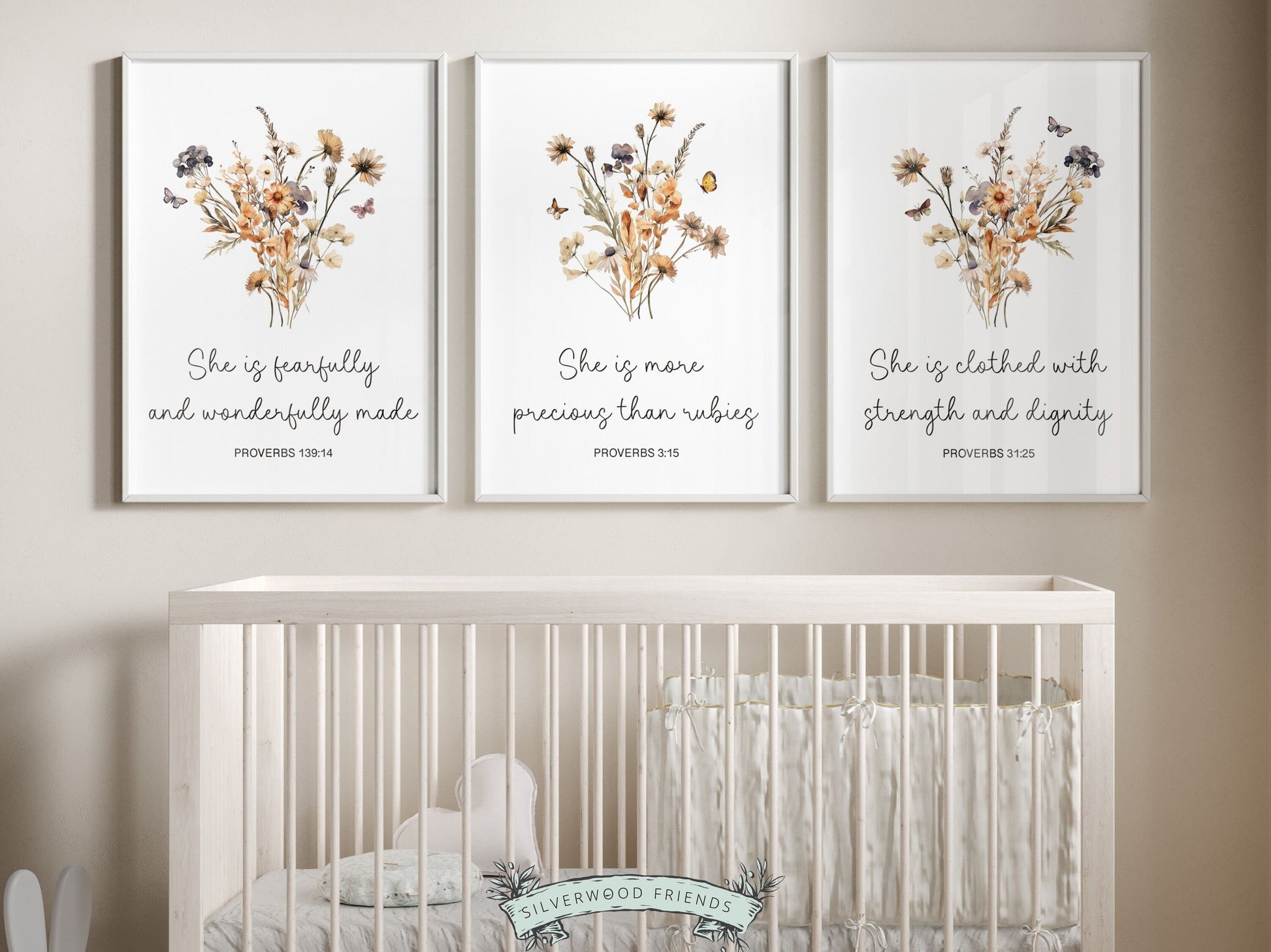 Our gorgeous Wildflower Christian Nursery Prints with boho watercolor wildflowers and Proverb bible verses in a modern, minimalist style, is perfect for your little girls nursery decor and also makes a unique baby shower gift.