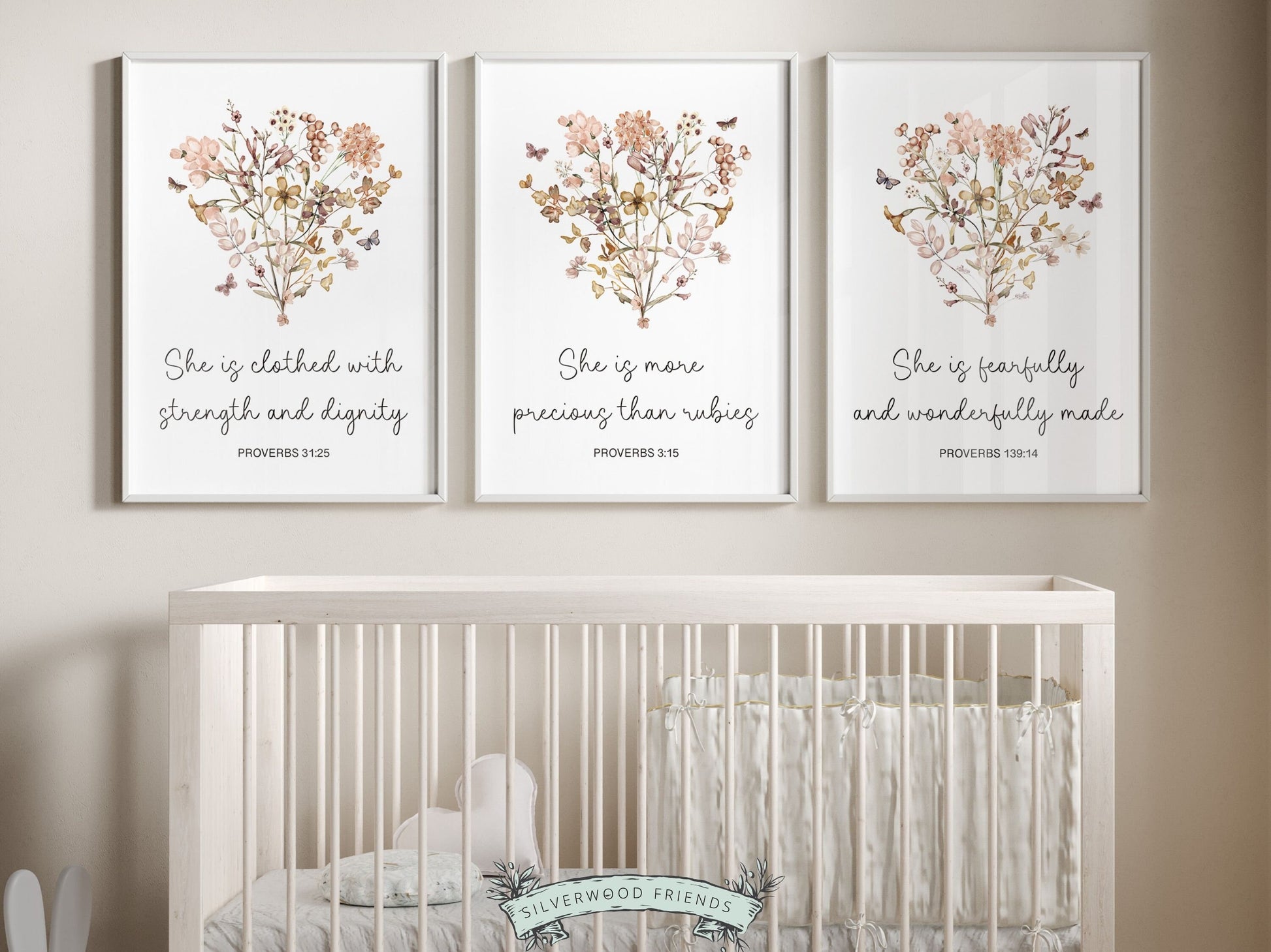 Our gorgeous Wildflower Christian Nursery Prints with pink watercolor wildflowers, butterflies and Proverb bible verses in a modern, minimalist style, is perfect for your baby girls nursery decor and also makes a gorgeous baby shower gift.
